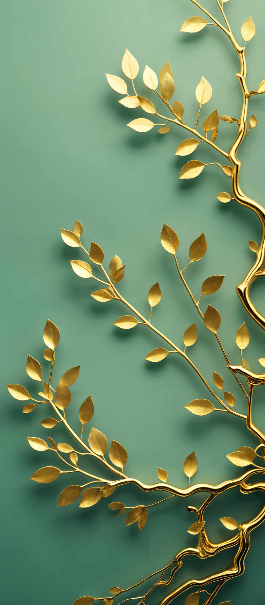 The image showcases a vibrant teal background with intricate golden branches and leaves. The branches have a wavy and elongated shape, and each leaf is uniquely shaped, resembling a natural leaf. The overall design gives a sense of elegance and nature.