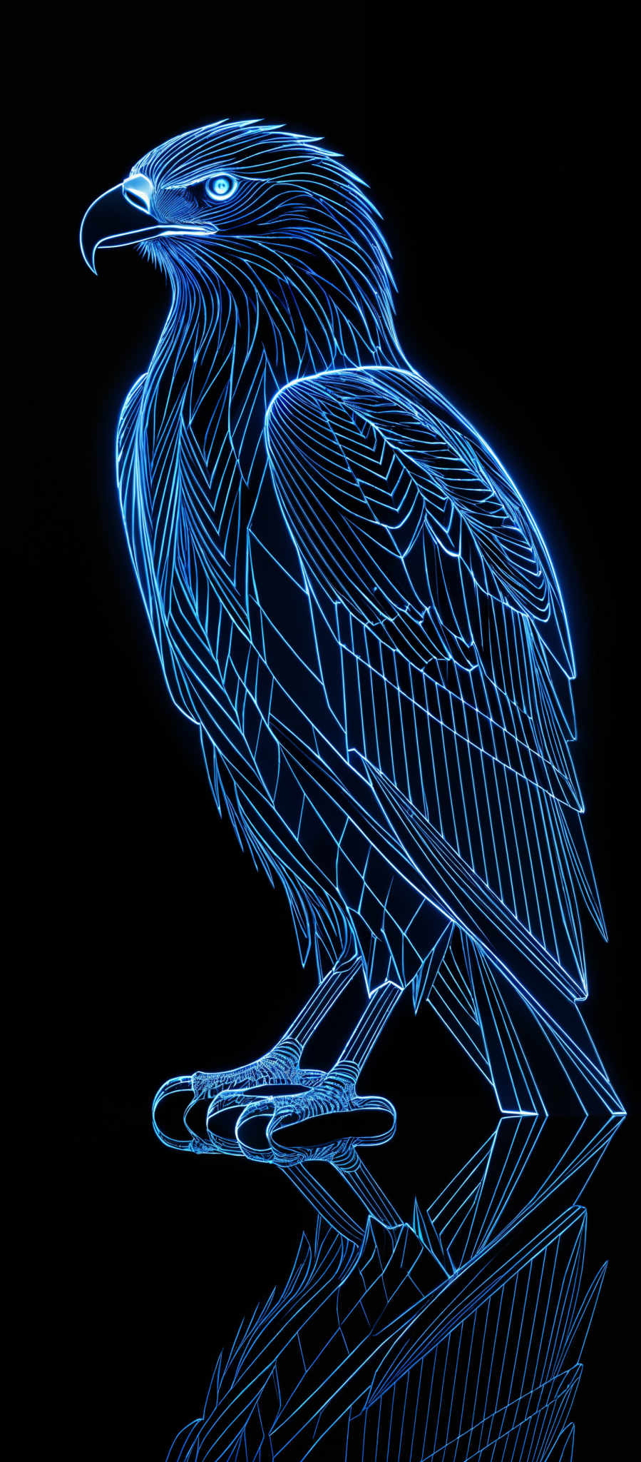 The image showcases a stylized representation of a bird, possibly an eagle or hawk, rendered in a neon blue hue against a black background. The bird is depicted in a side profile, with intricate details highlighting its feathers, beak, and eyes. The neon lines create a sense of depth and dimension, giving the bird a futuristic or digital appearance. The reflection of the bird can be seen at the bottom, adding to the overall aesthetic of the image, which seems to be inspired by modern art or digital design.