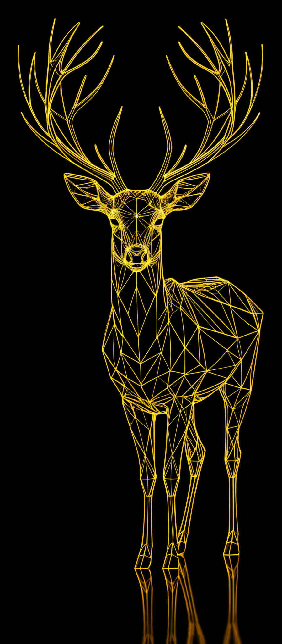 The image showcases a golden-yellow geometric representation of a deer. The deer is depicted in a low-poly style, with its body and antlers constructed from a series of interconnected lines. The background is a deep black, which accentuates the brightness of the deer's outline. The reflection of the geometric deer can be seen at the bottom, suggesting a mirrored surface beneath.