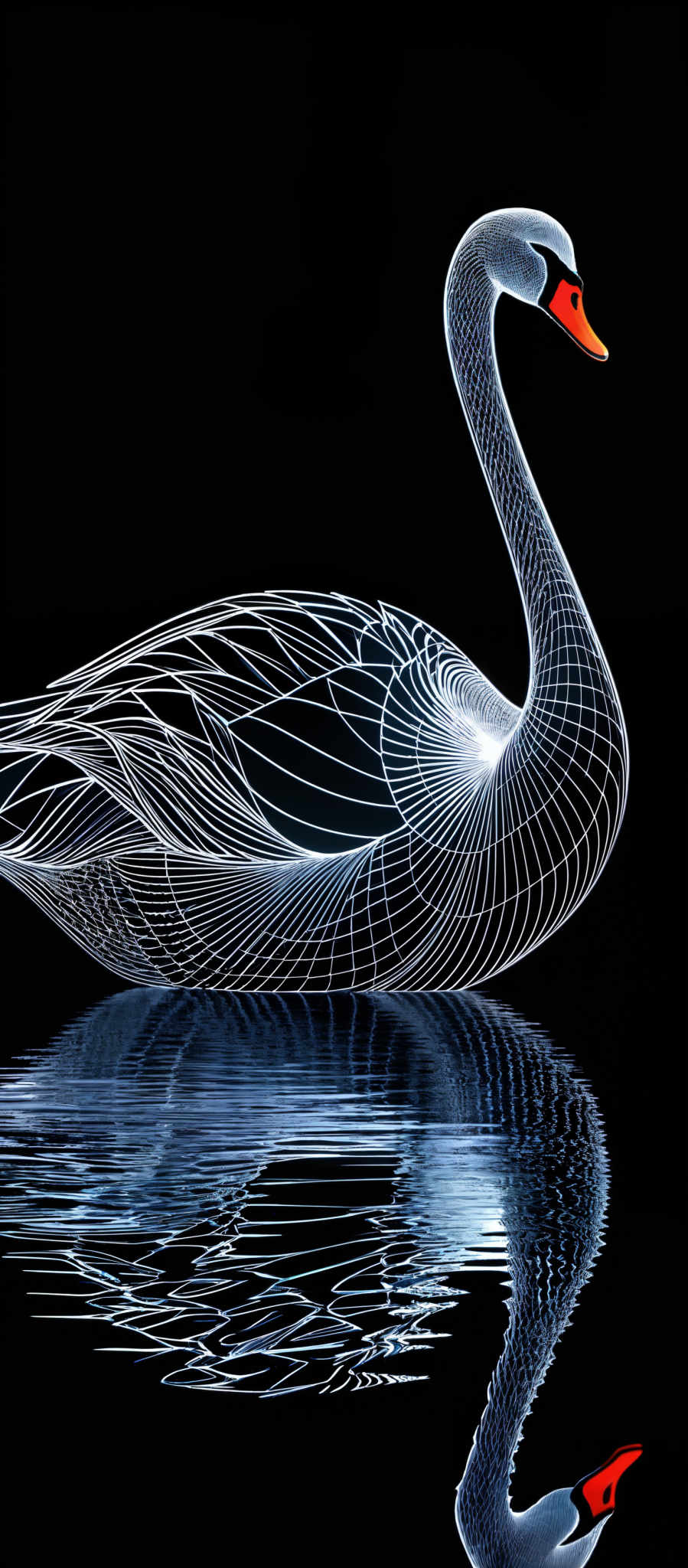 The image showcases a beautifully rendered swan in a pristine black background. The swan is depicted with intricate white lines, giving it a wireframe appearance. The lines form detailed patterns on the swan's feathers, emphasizing its graceful curves and contours. The bird's beak is a vibrant shade of orange, contrasting sharply with the white and black. The reflection of the swans in the water below creates a mirror image, adding depth and symmetry to the composition.