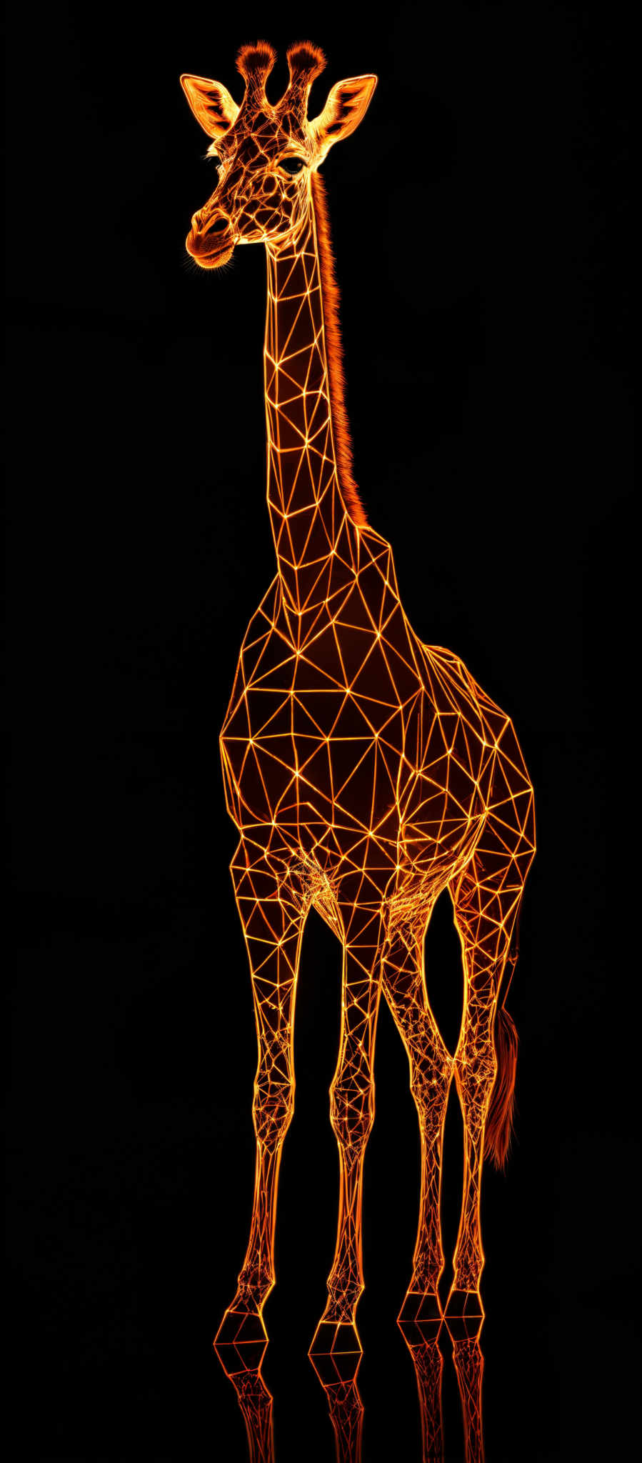 The image showcases a giraffe, but it's not a traditional representation. Instead, the giraffes are depicted using a geometric, wireframe design. The wireframe consists of interconnected lines forming triangles, creating a polygonal pattern. The girafes are illuminated with a bright, fiery orange glow, which contrasts sharply with the dark background. The reflection of the glowing girafe can be seen on the ground below, adding depth to the image and emphasizing the luminosity of the design.