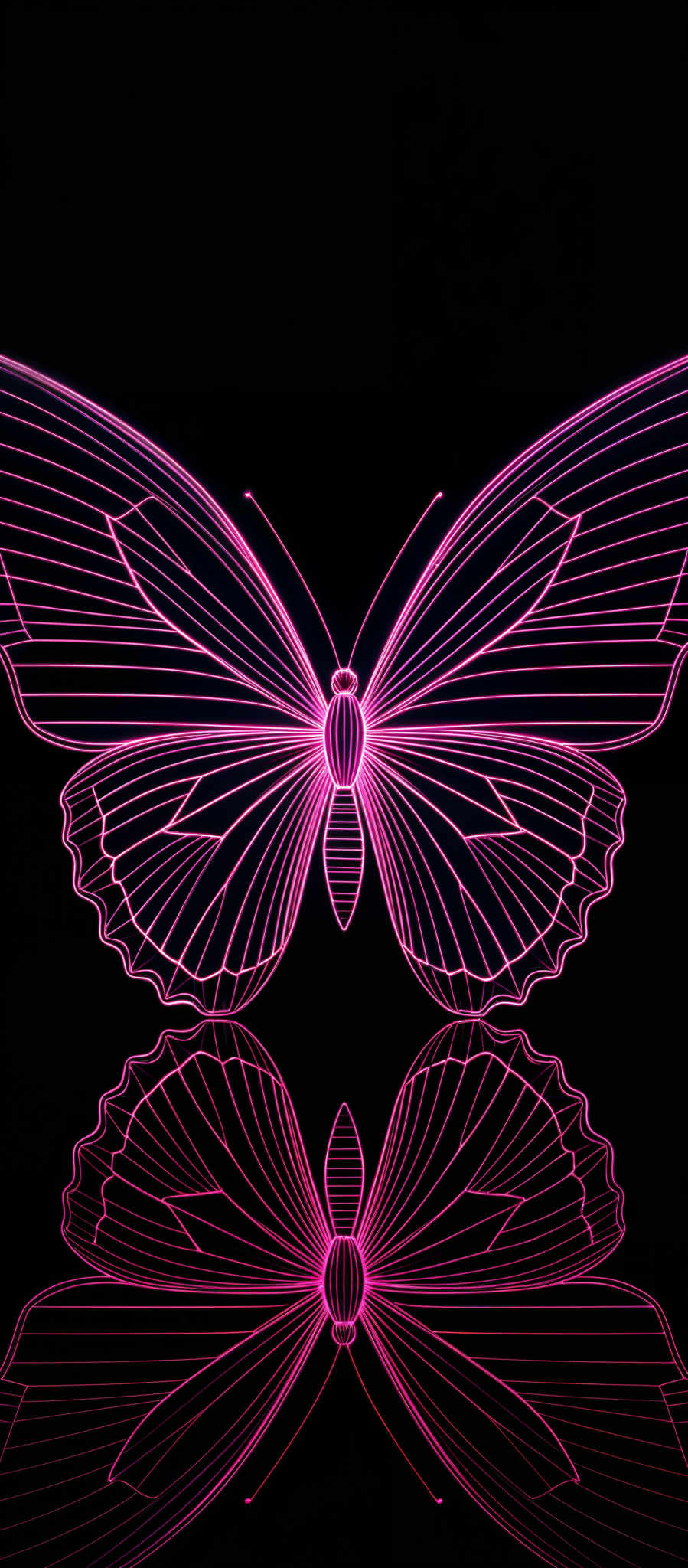 The image showcases a vibrant neon pink butterfly against a black background. The butterflies wings are intricately detailed with linear patterns, and it appears to be reflected on a mirrored surface below. The overall design gives a futuristic and artistic vibe.