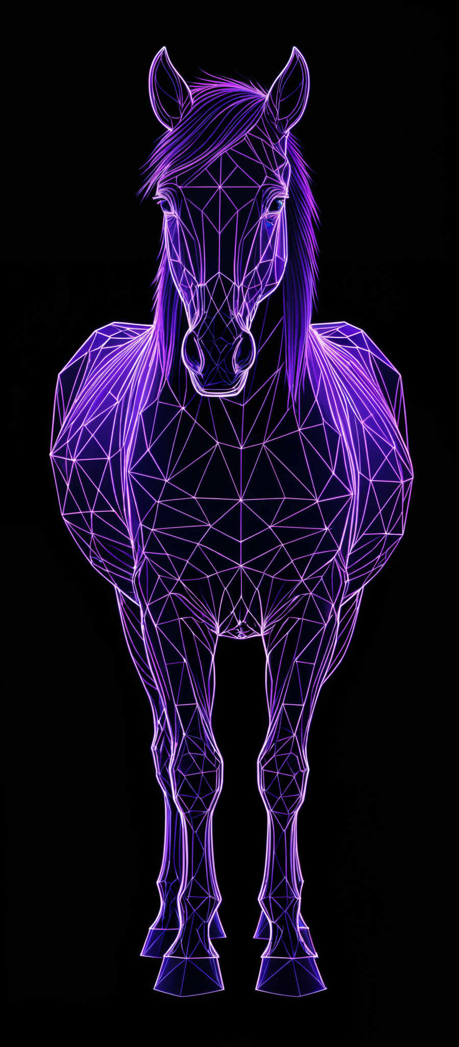 The image showcases a vibrant and colorful depiction of a horse. The horse is illustrated using a geometric, low-poly design, predominantly in shades of purple and blue. The design is composed of triangles forming a mesh-like pattern, giving the horse a modern and digital appearance. The background is a deep black, which accentuates the luminescence of the horse's design.