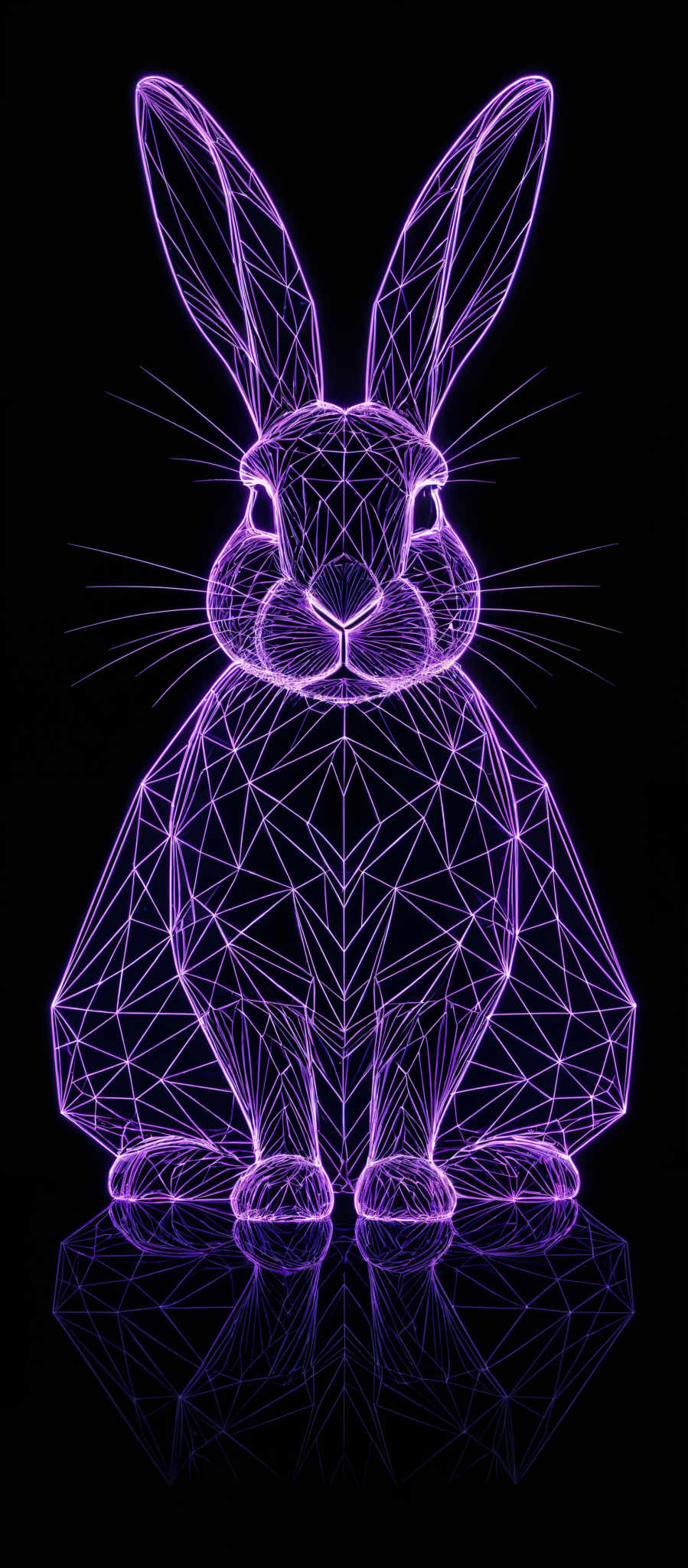 The image showcases a vibrant purple neon-like outline of a rabbit. The rabbit is depicted in a sitting position with its ears raised. The design is composed of interconnected lines forming a geometric pattern, giving it a modern and abstract appearance. The background is pitch black, which accentuates the bright purple glow of the rabbit, creating a striking contrast.