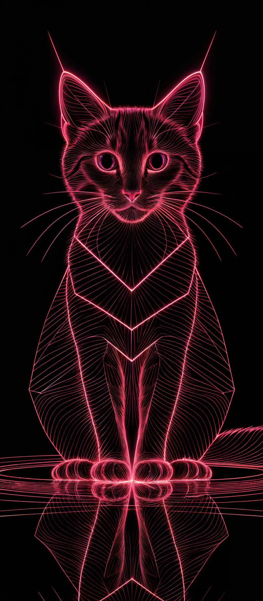 The image showcases a vibrant and intricate digital artwork of a cat. The cat is depicted in a sitting position with its front paws tucked underneath its body. The artwork is rendered in a neon pink color, giving it a futuristic and glowing appearance. The lines used in the artwork are intricate and detailed, emphasizing the cat's facial features, body contours, and whiskers. The reflection of the cat is also visible, creating a symmetrical visual effect.