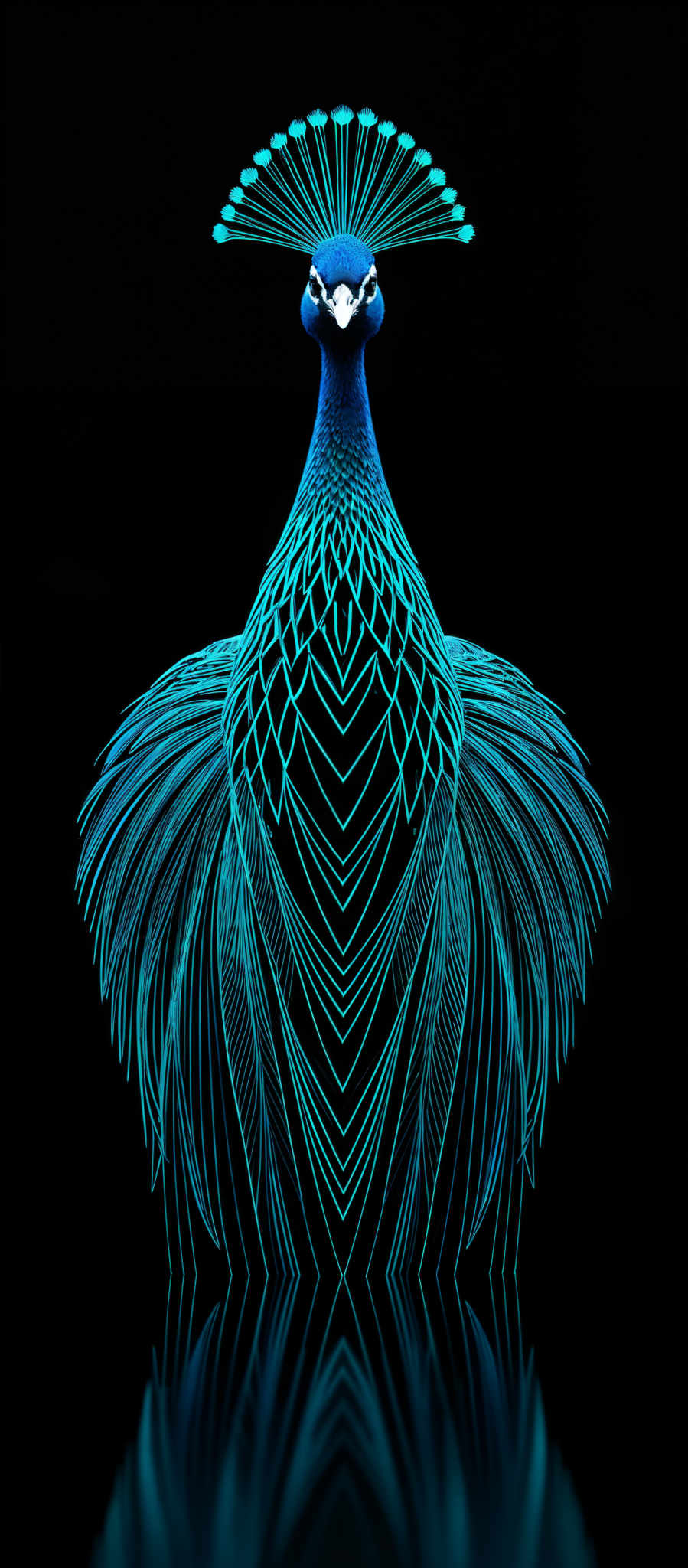 The image showcases a vibrant and intricate depiction of a bird, possibly a peacock or a phoenix, rendered in neon blue hues against a black background. The bird's feathers are detailed with geometric patterns, and its crest is adorned with a series of elongated, radiant blue lines that fan out in a symmetrical manner. The reflection of the bird is also visible at the bottom, adding depth to the image and emphasizing the luminescence of the neon colors.