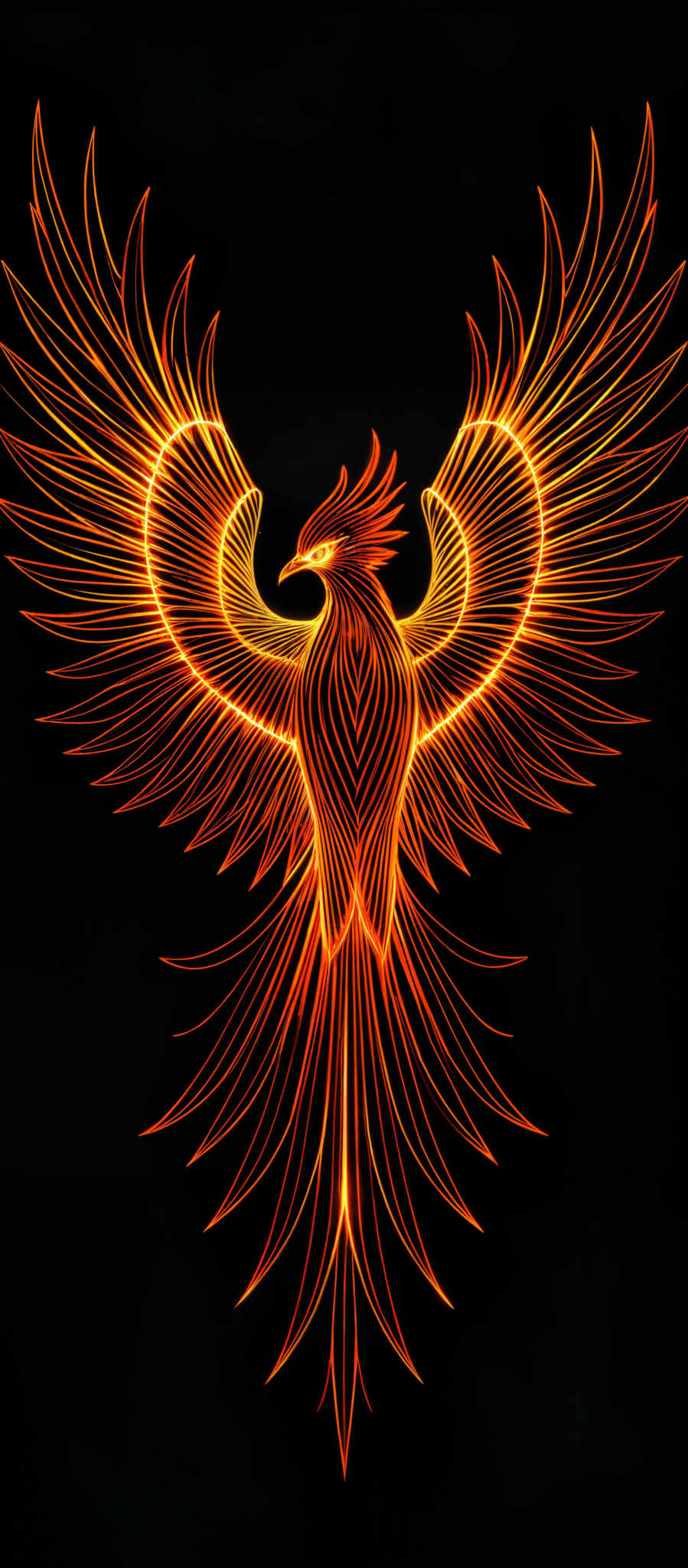 The image showcases a vibrant and intricate depiction of a bird, possibly a phoenix, rendered in a neon-like glow against a dark background. The bird is illustrated with outstretched wings, displaying a myriad of radiant lines that give it a sense of motion and energy. The predominant colors are fiery shades of orange and red, which contrast starkly with the black background, emphasizing the bird's form and details.