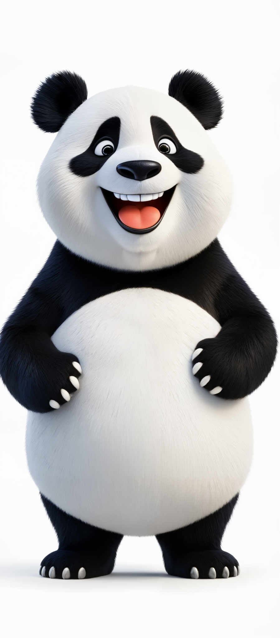 The image showcases a 3D animated panda. The panda has a black and white fur coat, with a round body, short legs, and a fluffy tail. It has a cheerful expression with its mouth open, revealing a bright orange tongue and white teeth. The eyes are large and round with black pupils, giving it a friendly look.