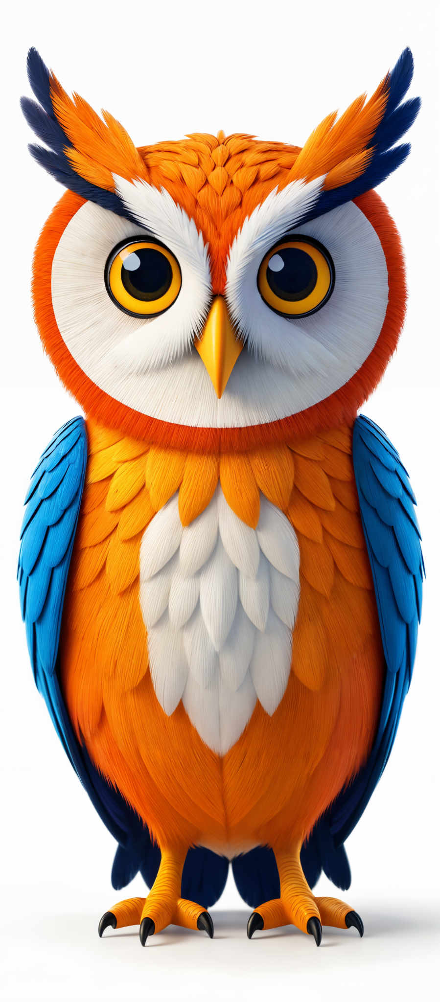 The image showcases a vibrant and colorful depiction of an owl. The owl has a round face with large, expressive eyes that are predominantly yellow with black pupils. Its body is adorned with a mix of orange, white, and blue feathers. The orange feathers cover its chest and face, while the blue feathered wings extend outwards. The bird's feet are yellow with sharp claws. The overall design is both detailed and whimsical, giving the owl a unique and captivating appearance.