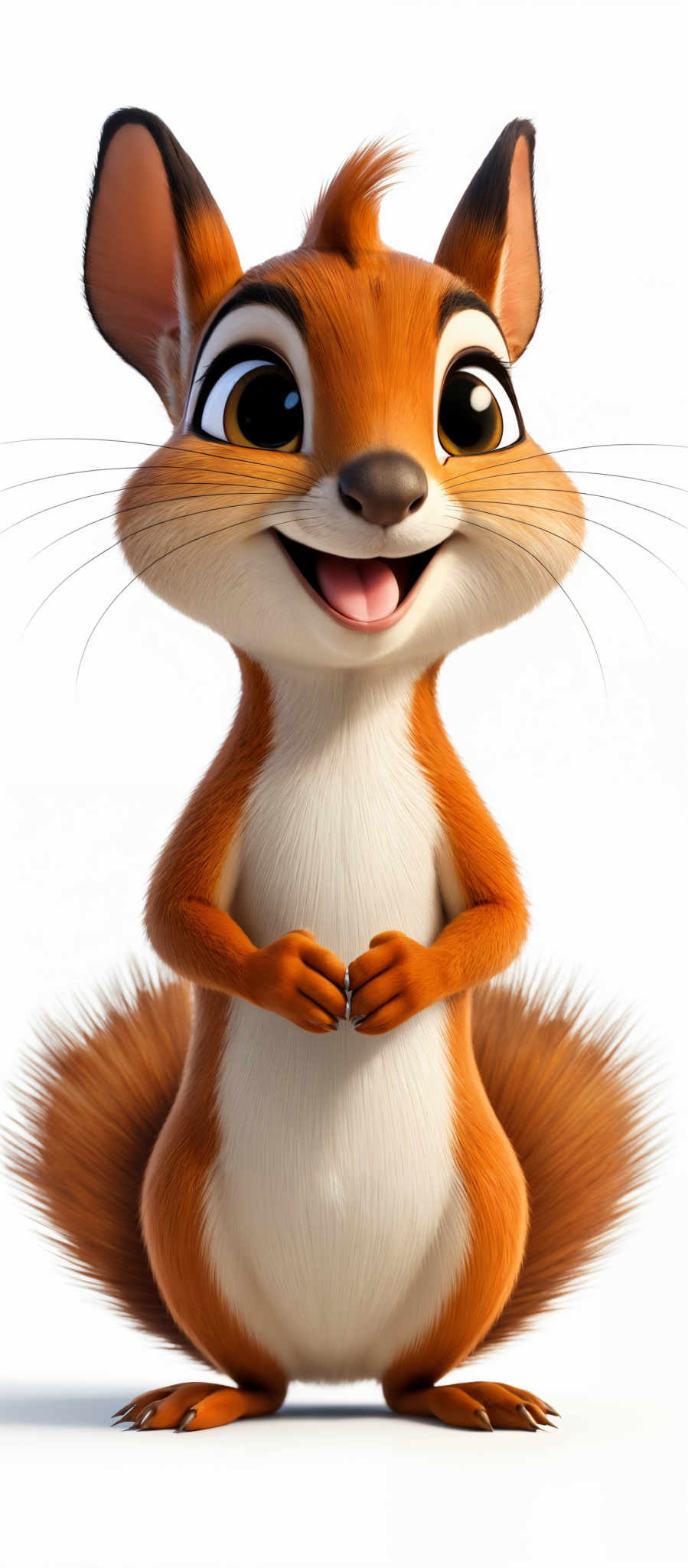 The image showcases a vibrant and animated squirrel. The squirrely has a reddish-brown fur coat, large round eyes with a golden hue, and a bushy tail that appears fluffy and orange. The creature is standing upright, with its hands held together in front of it, and it seems to be smiling or chuckling.