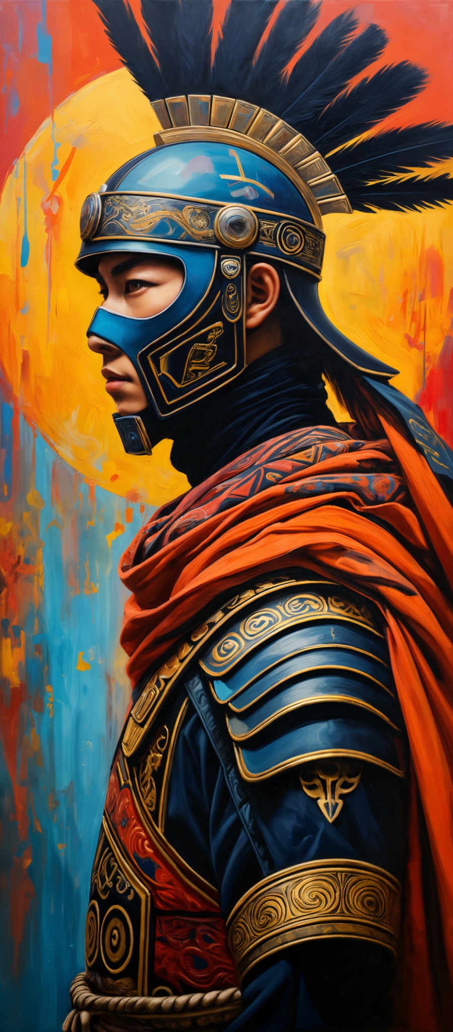 The image showcases a side profile of a figure wearing intricate armor. The armor is predominantly blue with gold detailing. The helmet is adorned with a prominent black feathered crest. The figure is draped in an orange and red cloth, and the background consists of vibrant hues of orange, blue, and red, possibly representing a sunset or a battlefield.