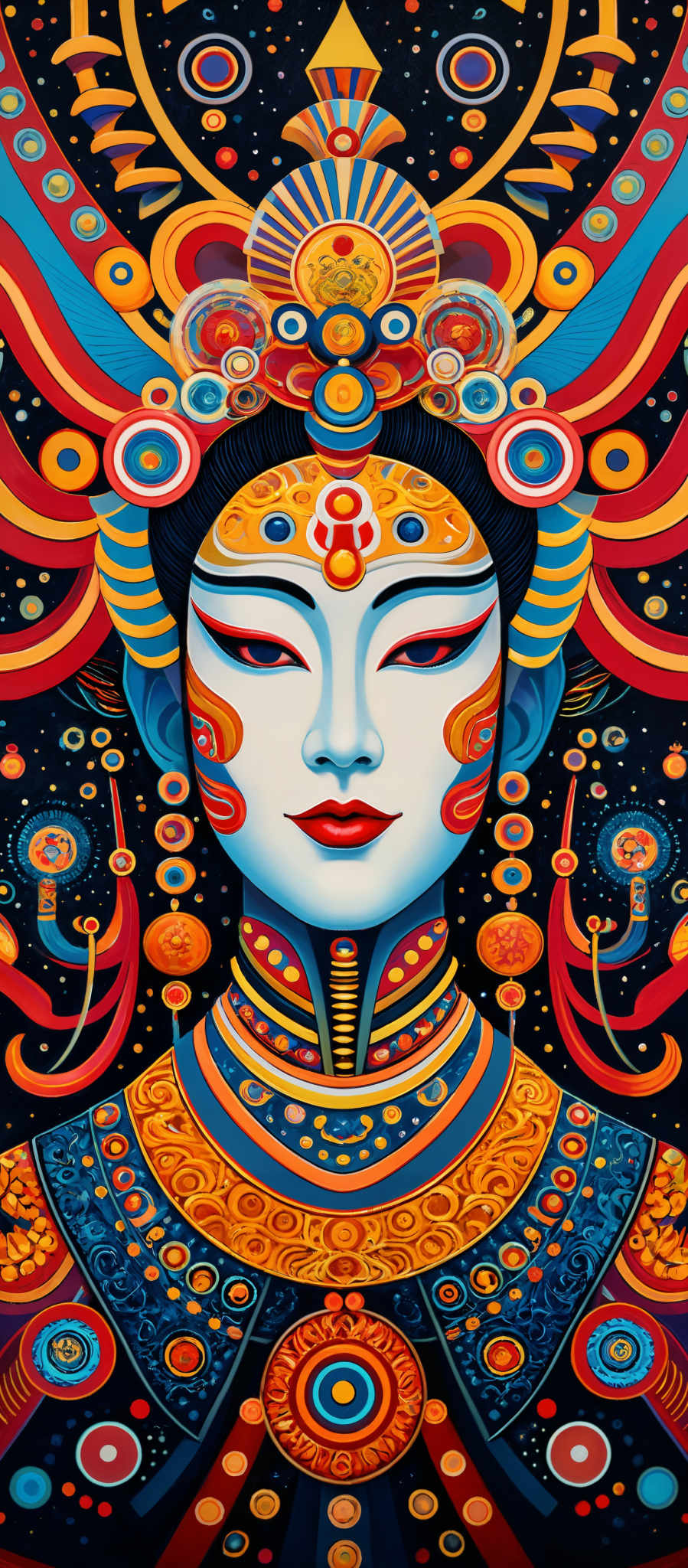 The image is vibrant and colorful, predominantly featuring shades of blue, red, and gold. It showcases a detailed and intricate portrait of a female figure adorned with ornate jewelry and headdress. The headdress is symmetrical and is decorated with various symbols, circles, and geometric patterns. The face of the figure is serene, with striking red eyes and intricately painted lips. The neckline is embellished with golden patterns, and the overall design is reminiscent of a fusion between traditional and modern art.