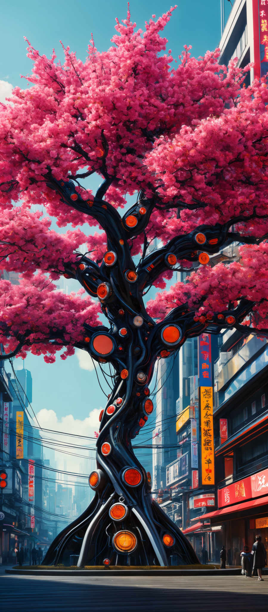 The image showcases a vibrant cityscape with a dominant tree in the center. The tree has a unique structure, with its branches and trunk resembling mechanical or steampunk elements. The leaves of the tree are a vivid shade of pink, almost resembles cherry blossoms. The background features tall buildings with various signs in different languages, possibly indicating a bustling urban area. The sky is clear with a few clouds, suggesting a sunny day.