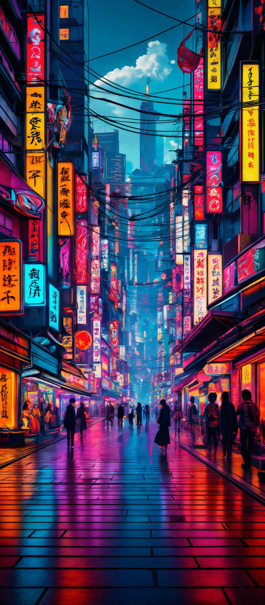 The image showcases a vibrant urban scene, possibly a bustling street in a city. The dominant colors are neon shades of pink, blue, and yellow. The street is adorned with numerous billboards and signs, predominantly in Asian scripts. The billboards display various images, including animated characters, landscapes, and advertisements. The architecture of the buildings is modern, with tall skyscrapers in the background. The streets are wet, reflecting the neon lights, and there are several pedestrians walking around, giving a sense of life and activity. Overhead, there are numerous wires and cables crisscrossing, adding to the urban feel of the scene.