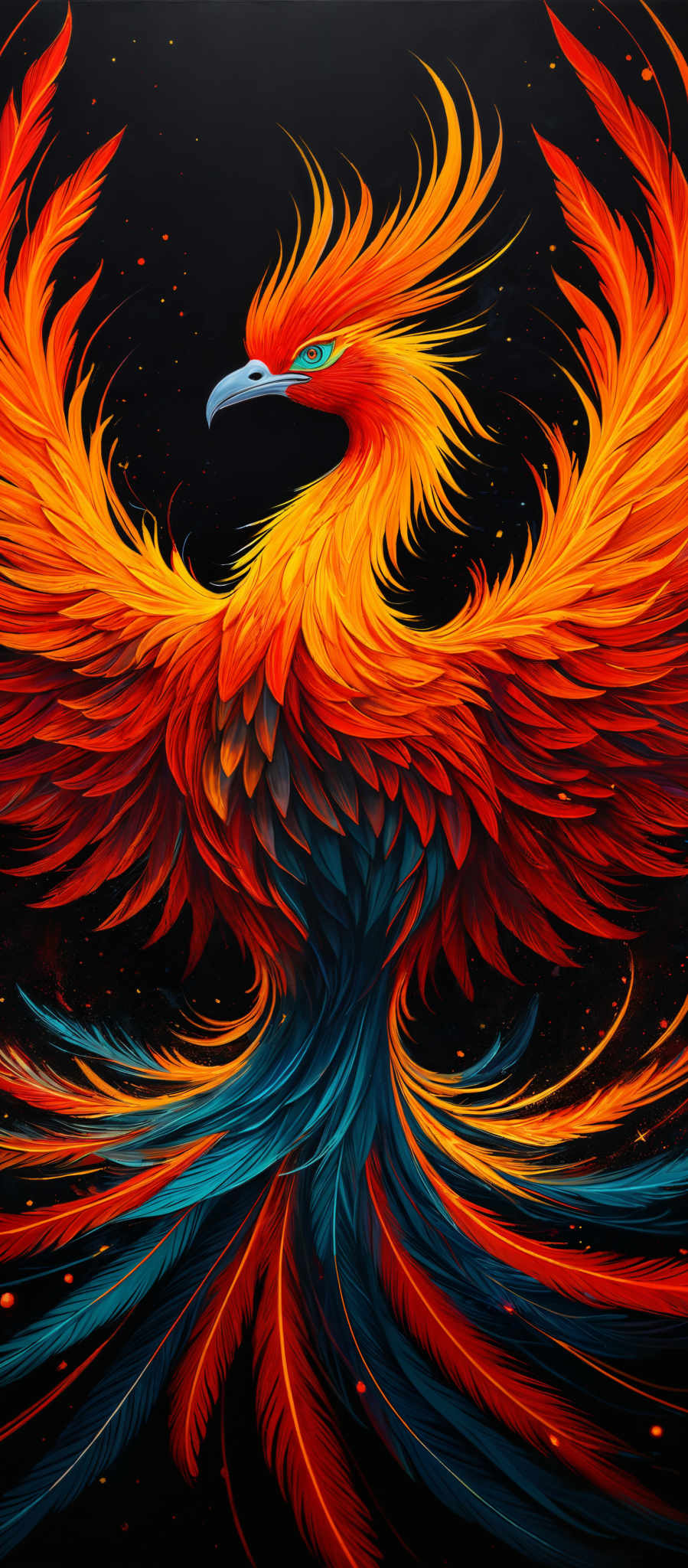 The image showcases a vibrant and intricately designed phoenix. The phoena has a bright orange and yellow plumage, with the head and beak in a deep shade of blue. The wings are spread wide, displaying a mesmerizing pattern of fiery reds, oranges, and yellows, contrasted with the deep blue of its tail feathers. The background is dark, accentuating the fiery colors of the phoenix and giving it a majestic appearance.