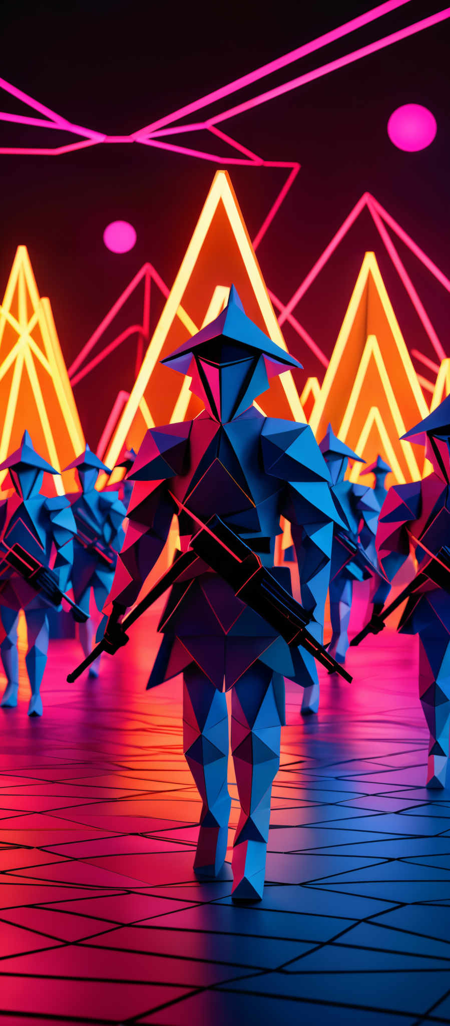 The image showcases a vibrant and futuristic scene. The dominant colors are shades of pink, purple, and blue. The shapes are predominantly geometric, with triangular and polygonal forms. The central figure is a humanoid figure made of geometric shapes, wearing a hat and holding a weapon. The background features neon triangles and circles, suggesting a technologically advanced or cyberpunk setting.