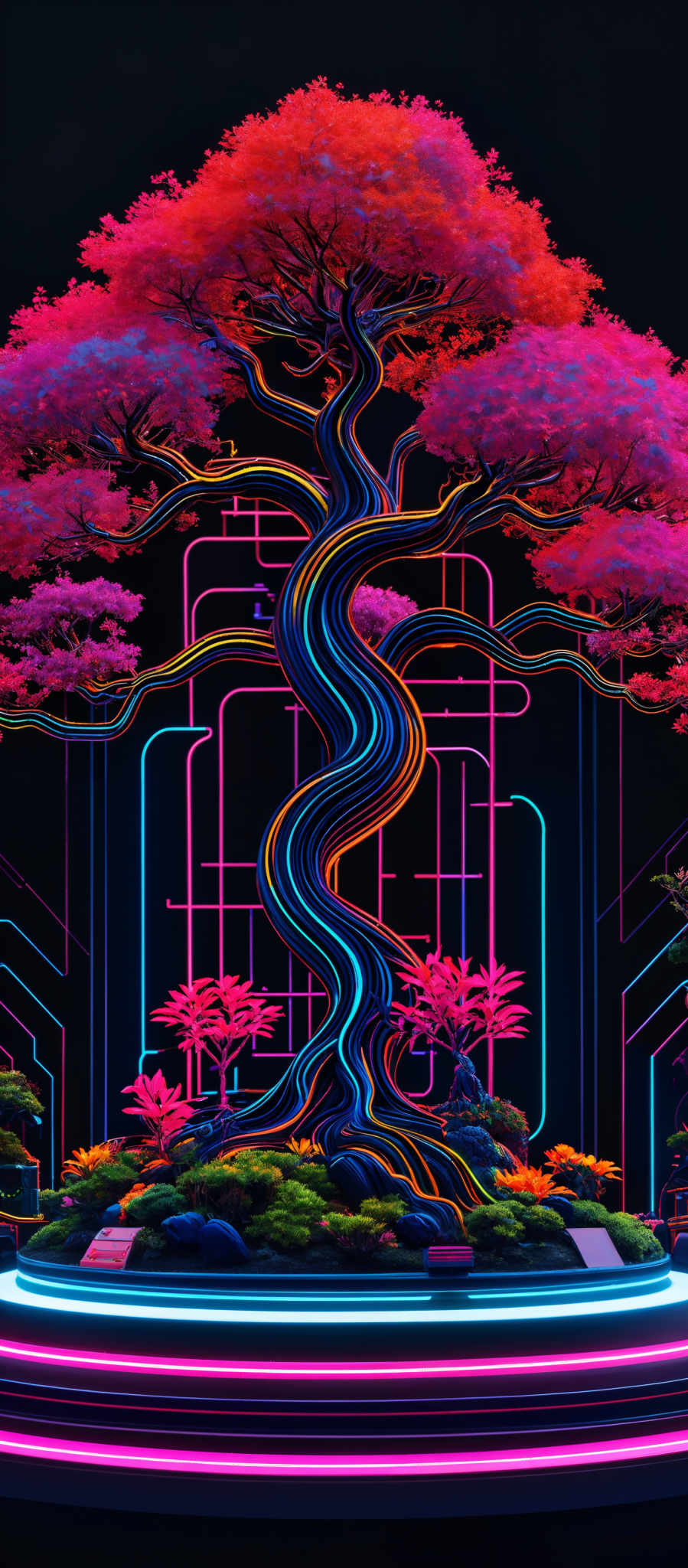 The image showcases a vibrant and intricate tree with a spiraling trunk and branches. The leaves of the tree are a vivid shade of pink, and the trunk is adorned with multi-colored neon lines, predominantly in shades of blue, pink and yellow. The tree is surrounded by a circular platform with neon-like lights, and there are smaller trees and plants at the base. The background is dark, which accentuates the bright colors of the trees and the platform.