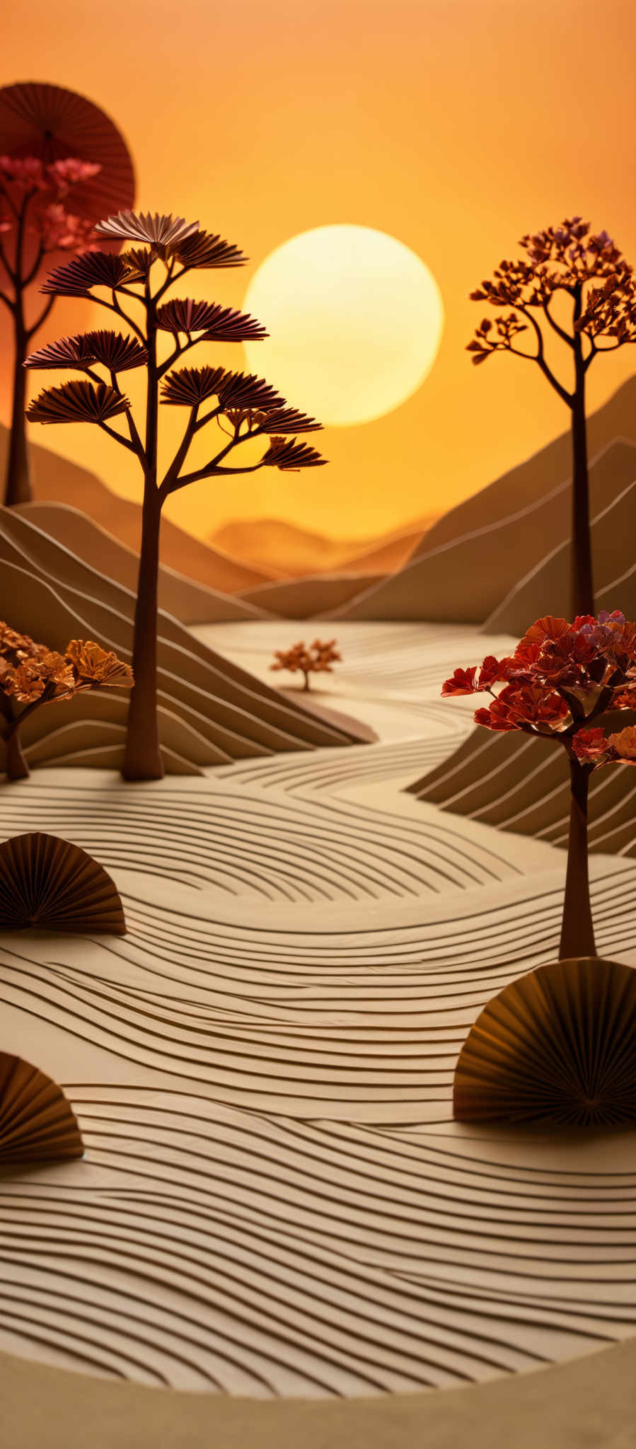 The image showcases a serene landscape during sunset. The dominant colors are warm hues of orange, yellow, and brown. The sun is depicted as a large, glowing orb, casting a radiant light over the scene. In the foreground, there are undulating sand dunes with wavy patterns. On these dunes, there's a unique tree with a fan-like canopy. The tree's leaves are in shades of red and orange, suggesting a possible autumn setting. In addition, there is another tree with reddish-brown leaves. The background features rolling hills or mountains, and the entire scene is bathed in the warm glow of the setting sun.