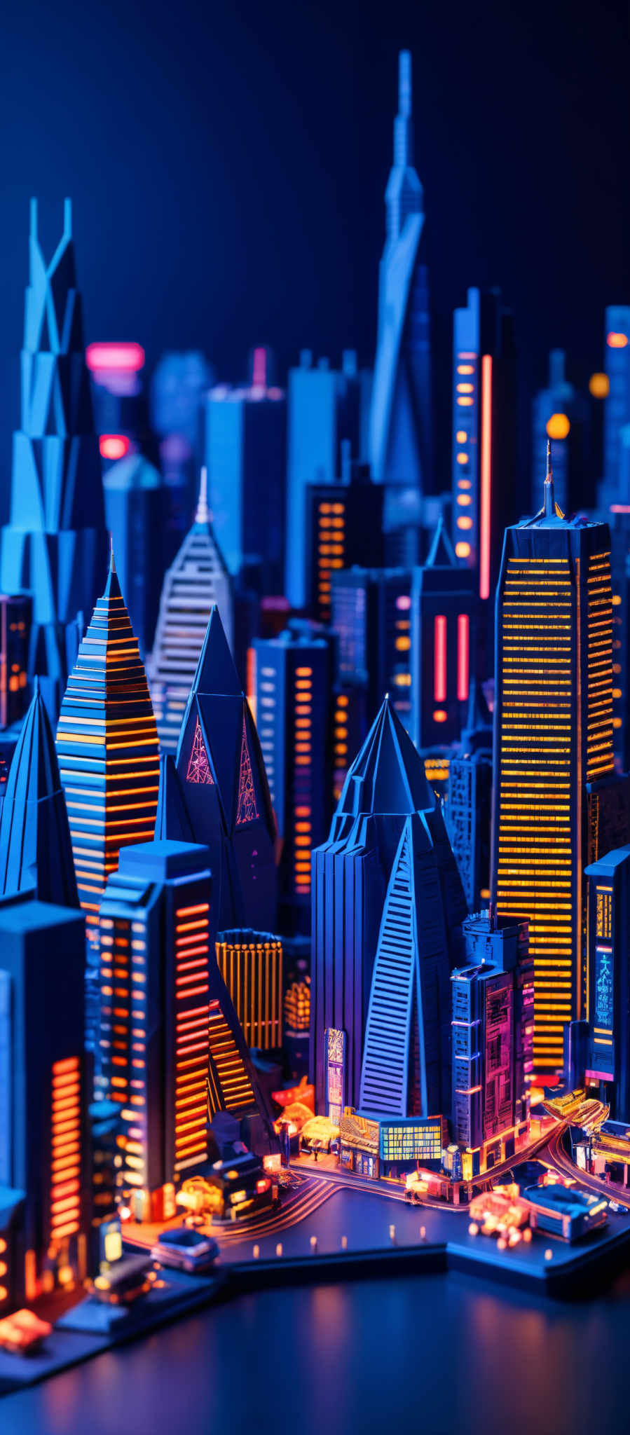 The image showcases a futuristic cityscape with a variety of tall buildings. The buildings have unique and modern designs, with some having pointed tops and others featuring striped patterns. The color palette is dominated by deep blues and purples, with occasional bursts of bright orange and yellow from the building lights. The city appears to be built near a body of water, as there are reflections visible. The overall ambiance is serene and mysterious, with the lights adding a touch of warmth to the cool-toned environment.