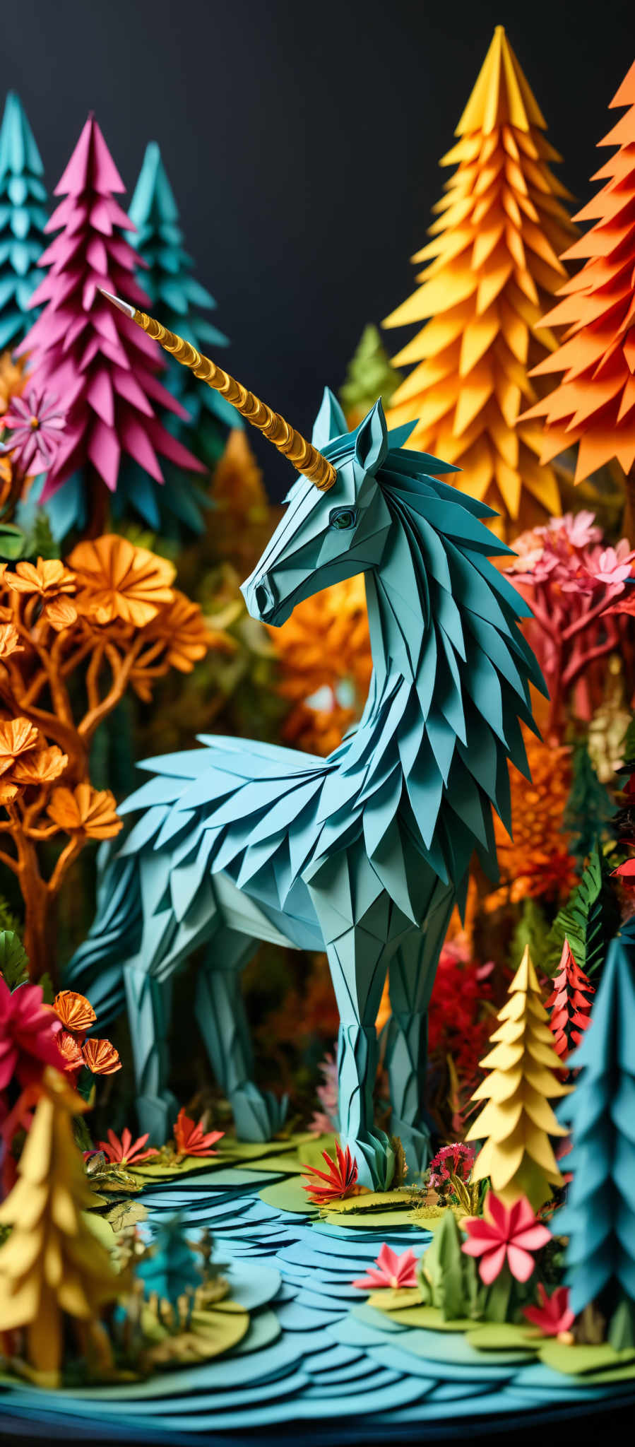 The image showcases a vibrant and intricate scene of a mythical creature, possibly a unicorn, amidst a colorful forest. The unicorne is predominantly turquoise with a golden horn. It stands amidst trees that are crafted in various shades of pink, orange, green, and yellow. The forest floor is adorned with colorful flowers in shades like red, pink and yellow, and there's a serene blue body of water with ripples. The entire scene is meticulously crafted, giving it a three-dimensional appearance.