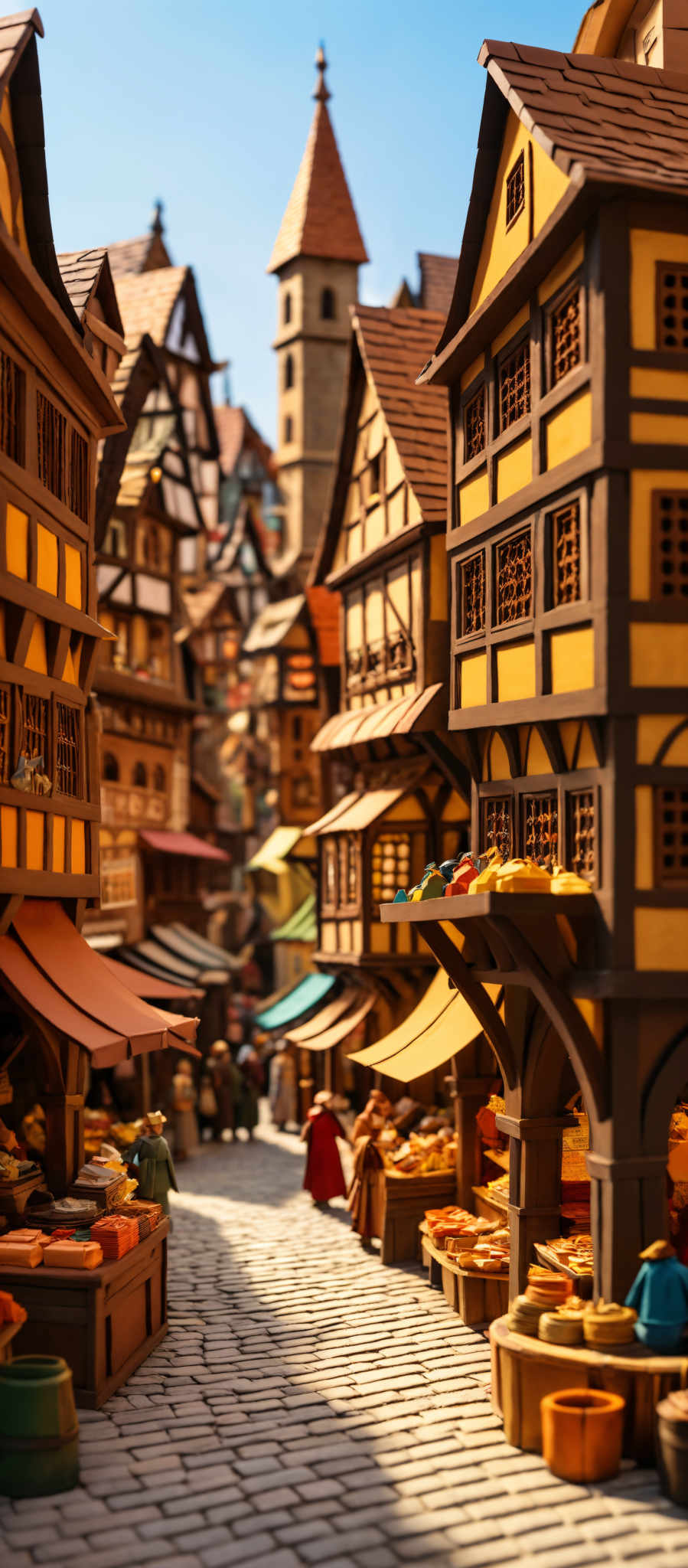 The image showcases a picturesque medieval town with half-timbered houses. The houses are multi-storied with a brown and yellow color scheme. The roofs are made of dark tiles, and there are wooden beams visible. The town has a cobblestone street lined with stalls displaying various goods, including fruits, vegetables, and textiles. There are also miniature people, possibly townsfolk, interacting with the stalls. In the background, there's a tall tower with a pointed spire, possibly a church or a town hall.