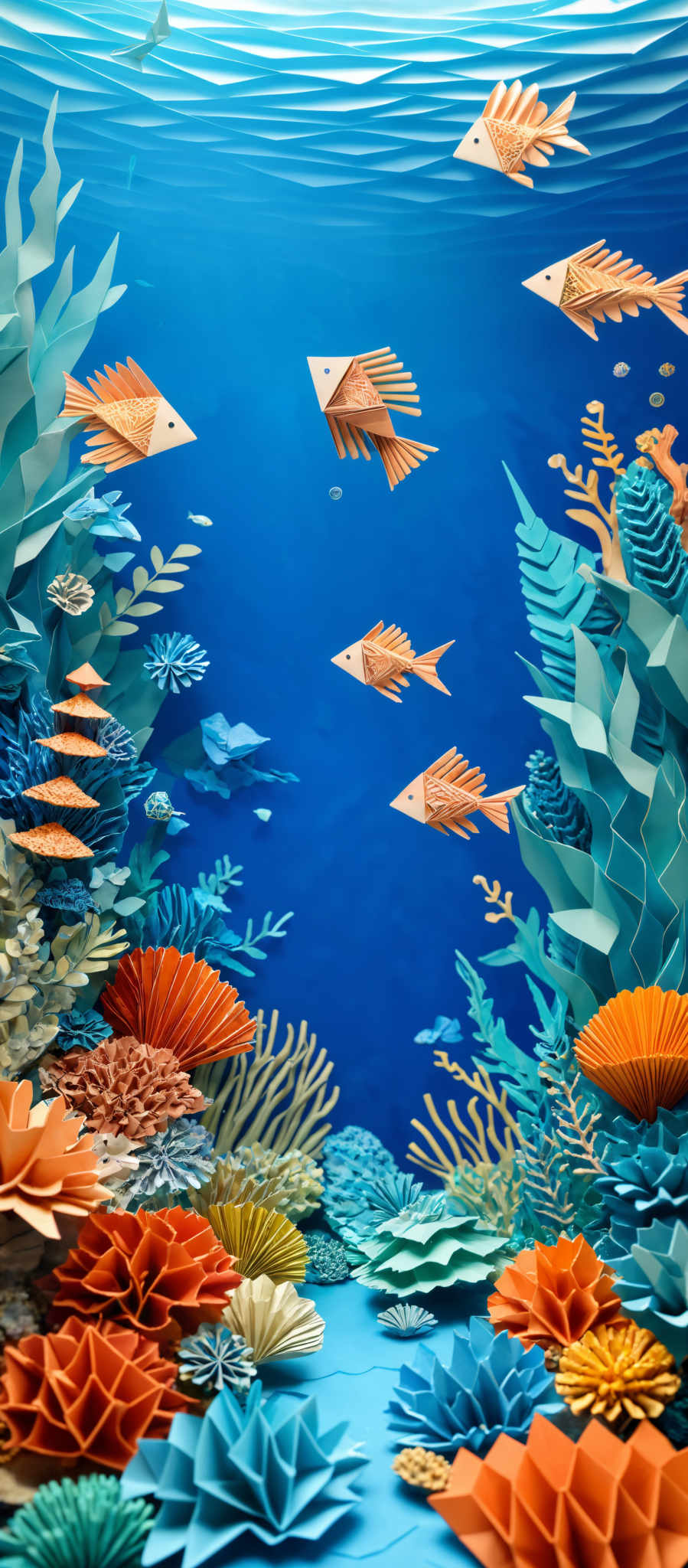 The image showcases a vibrant underwater scene. The dominant colors are various shades of blue, representing the water, and a mix of oranges, greens, and browns for the marine life and corals. The marine life consists of fish, some of which are shaped like origami, swimming amidst a variety of corals and sea plants. The corals are intricately designed, with some resembling fans, others looking like mushrooms, and others taking the form of more traditional coral structures. The entire scene gives a sense of depth and richness, reminiscent of a thriving marine ecosystem.