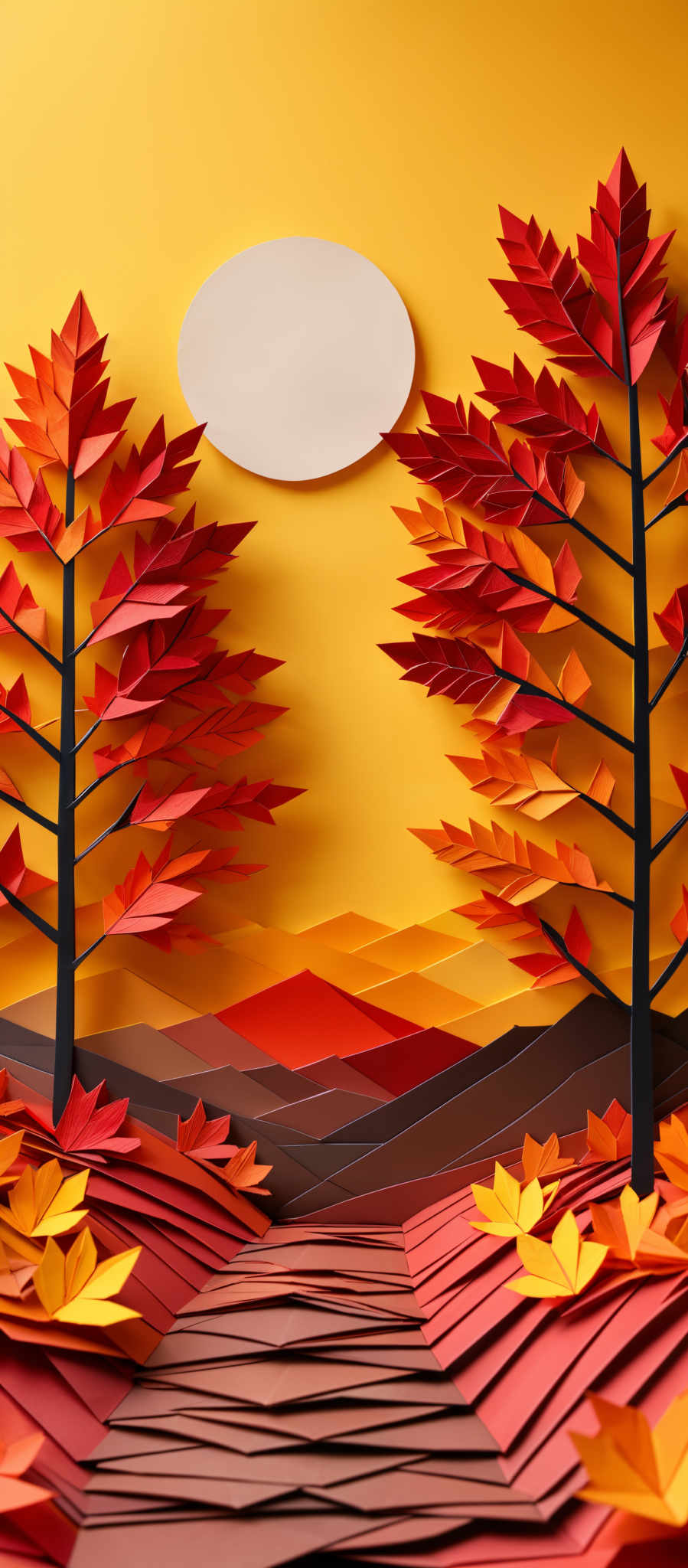 The image showcases a vibrant and colorful scene. The dominant colors are shades of yellow, red, and orange, reminiscent of autumn. The main elements include two tall trees with red and orange leaves, a large white circle (possibly representing the moon or sun), and a landscape with rolling hills or mountains in the background. The ground is made up of layered, wavy patterns in shades ranging from brown to red, giving the impression of a path or riverbed.