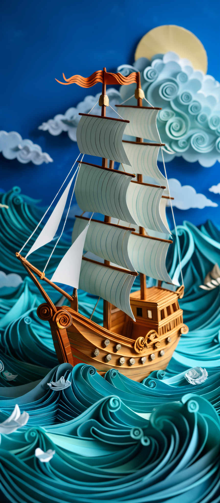 The image showcases a detailed and vibrant depiction of a ship sailing on turbulent waters. The ship has multiple masts with white sails, and it is adorned with wooden details and decorative elements. The waters are depicted in various shades of blue, with swirling patterns, giving an impression of waves and currents. There are also white clouds in the sky, and a large yellow sun or moon is visible in the background.