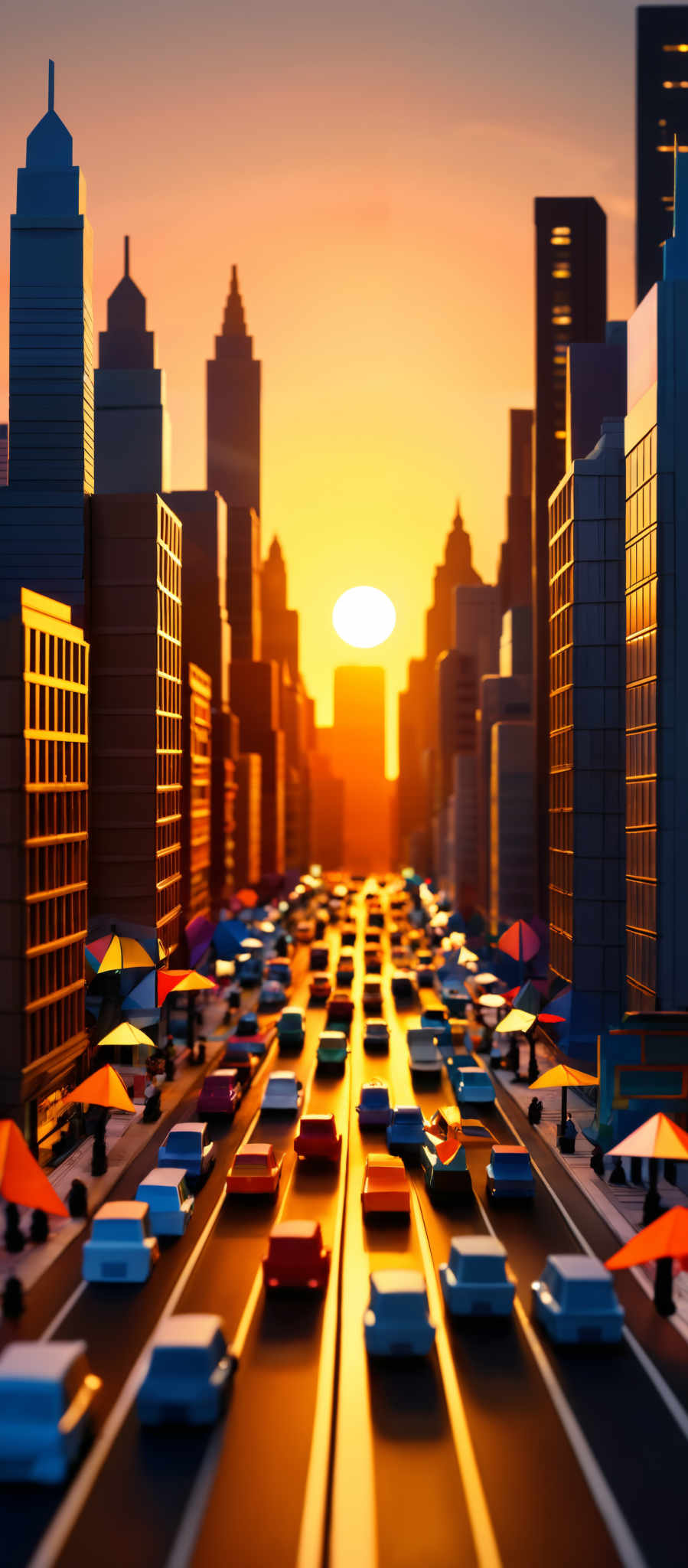 The image showcases a vibrant cityscape during sunset. The sky is painted in hues of orange and yellow, with the sun setting in the center. The city is adorned with tall skyscrapers, each with unique architectural designs. The buildings are primarily in shades of blue, gray, and brown. The streets are bustling with cars, all moving in the same direction, creating a sense of rhythm. There are also small details like streetlights, trees with colorful umbrellas, and pedestrians. The overall ambiance is warm, with a blend of natural and artificial lighting.