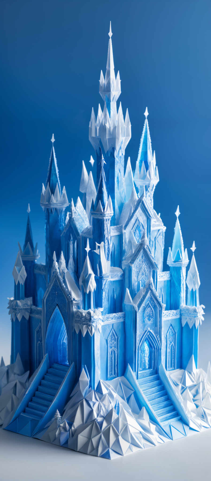 The image showcases a stunning, intricately designed castle that appears to be made of ice or crystal. The predominant colors are shades of blue and white, giving it a cold and frosty appearance. The castle is multi-tiered with pointed spires, arched windows, and ornate details. The base of the castle is surrounded by what looks like icy terrain with geometric patterns, possibly representing snow or ice crystals.