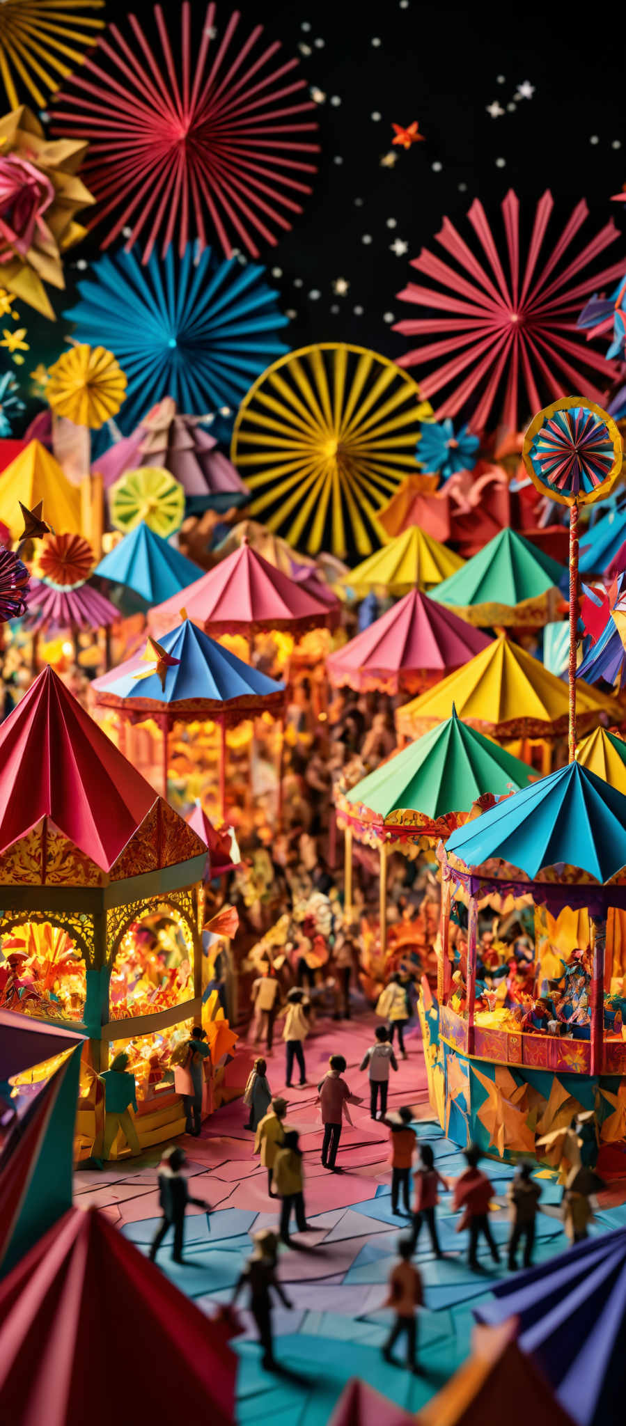 The image showcases a vibrant and colorful scene, reminiscent of a carnival or fairground. The background is adorned with large, radiant fireworks in hues of red, blue, yellow, and pink, set against a dark sky dotted with stars. In the foreground, there are stalls and booths with colorful canopies, each displaying a different array of goods or toys. The stalls are illuminated from within, casting a warm glow. Miniature figures can be seen walking around, suggesting that this is a model or diorama. The ground is made up of geometric patterns, and there are various textures and patterns on the stalls, giving them a detailed and three-dimensional appearance.