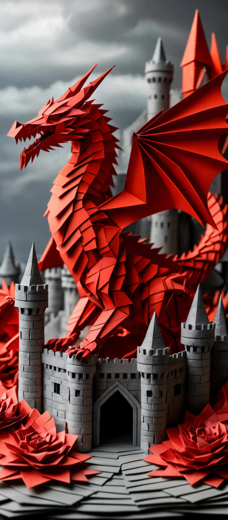 The image showcases a vibrant scene with a large, intricately designed red dragon with sharp, angular features. The dragon is perched atop a gray castle with turrets and battlements. Surrounding the castle are red roses, adding a touch of romance to the scene. The background is dramatic, with dark clouds looming, suggesting an impending storm or battle.