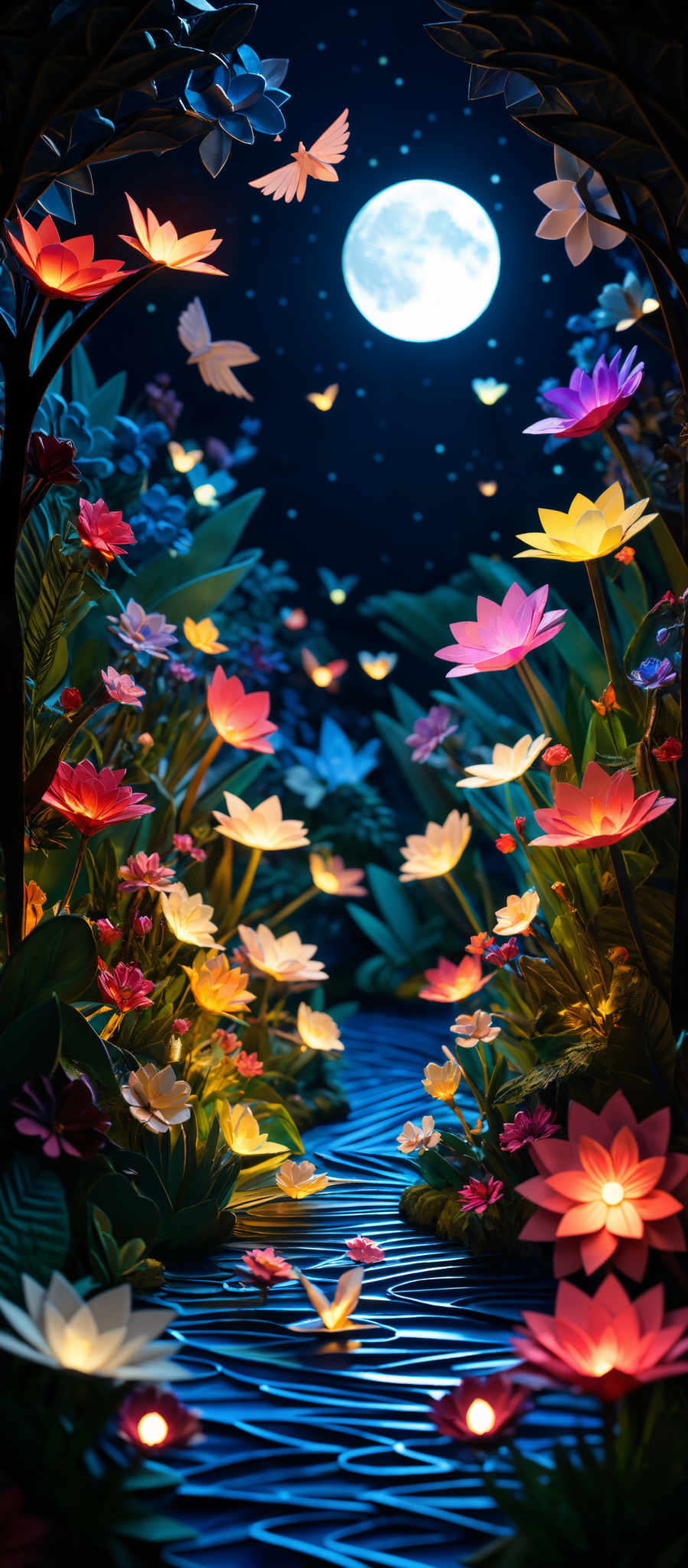 The image showcases a vibrant and magical night scene. The dominant colors are deep blues, purples, and glowing oranges and yellows. The scene is dominated by large, illuminated flowers that appear to be floating or resting on the ground. These flowers have a variety of shapes, including lotus-like blooms and daisy-like flowers. The background features a shimmering moonlit sky with small, glowy butterflies fluttering around. The foreground has a winding pathway made of what seems to be wooden planks, surrounded by lush green foliage. The entire scene exudes a sense of wonder and enchantment.