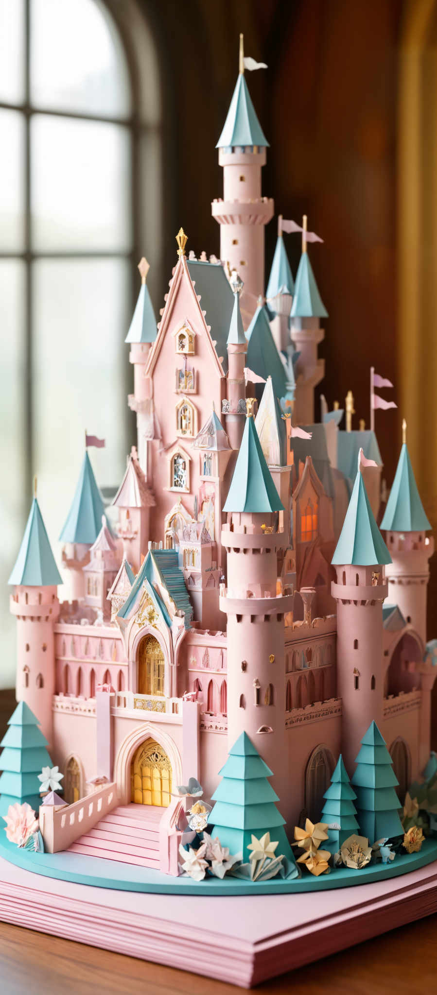 The image showcases a meticulously crafted castle model. The castle is predominantly in shades of pink and light blue. It features multiple turrets, towers, and spires, each adorned with flags. The main entrance has a grand golden archway. The base of the castle is surrounded by miniature trees and flowers in shade of blue and pink. The entire structure is placed on a pink platform, and the backdrop reveals a window, suggesting an indoor setting.