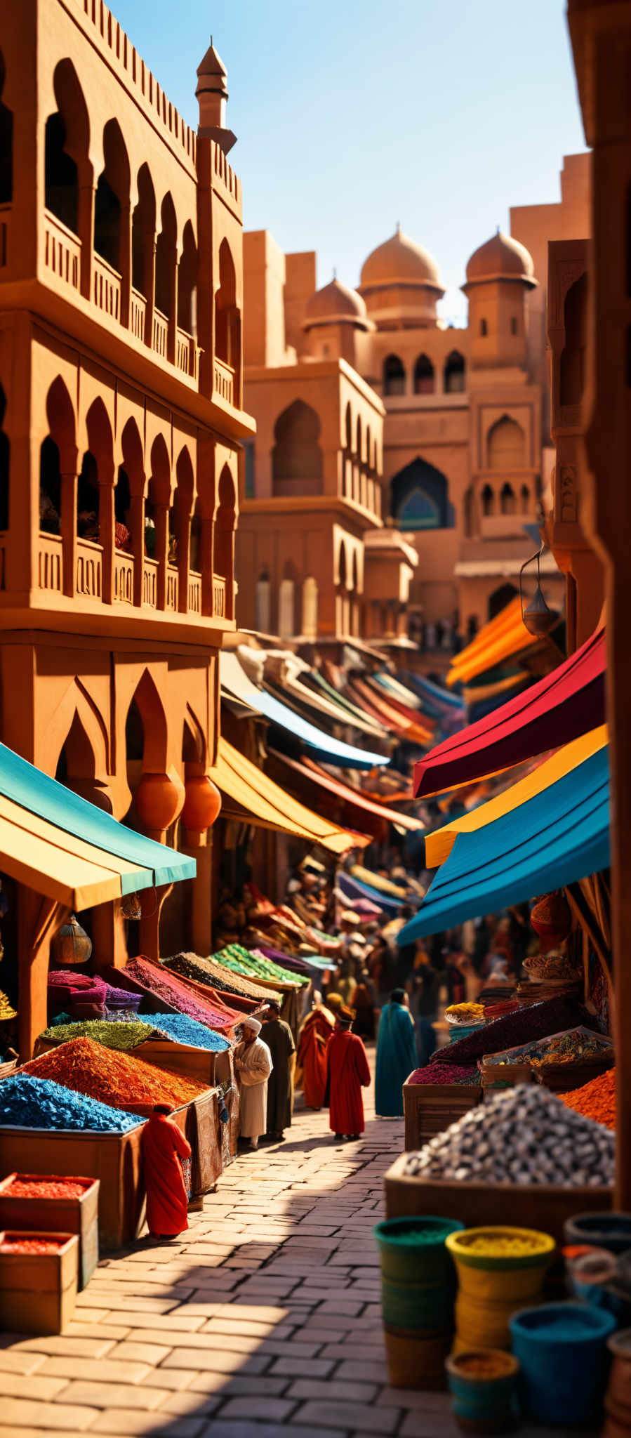 The image showcases a vibrant marketplace set in a historical architectural style. The buildings have multiple tiers, with intricate balconies and arches. They are painted in warm earthy tones, predominantly in shades of brown and beige. The market is bustling with colorful stalls displaying an array of goods, including vibrantly colored fabrics, fruits, and spices. Above the stalls, colorful awnings in shade of blue, yellow, and red provide shade. The ground is paved with stone tiles, and there are several people walking around, some of whom are wearing traditional attire.