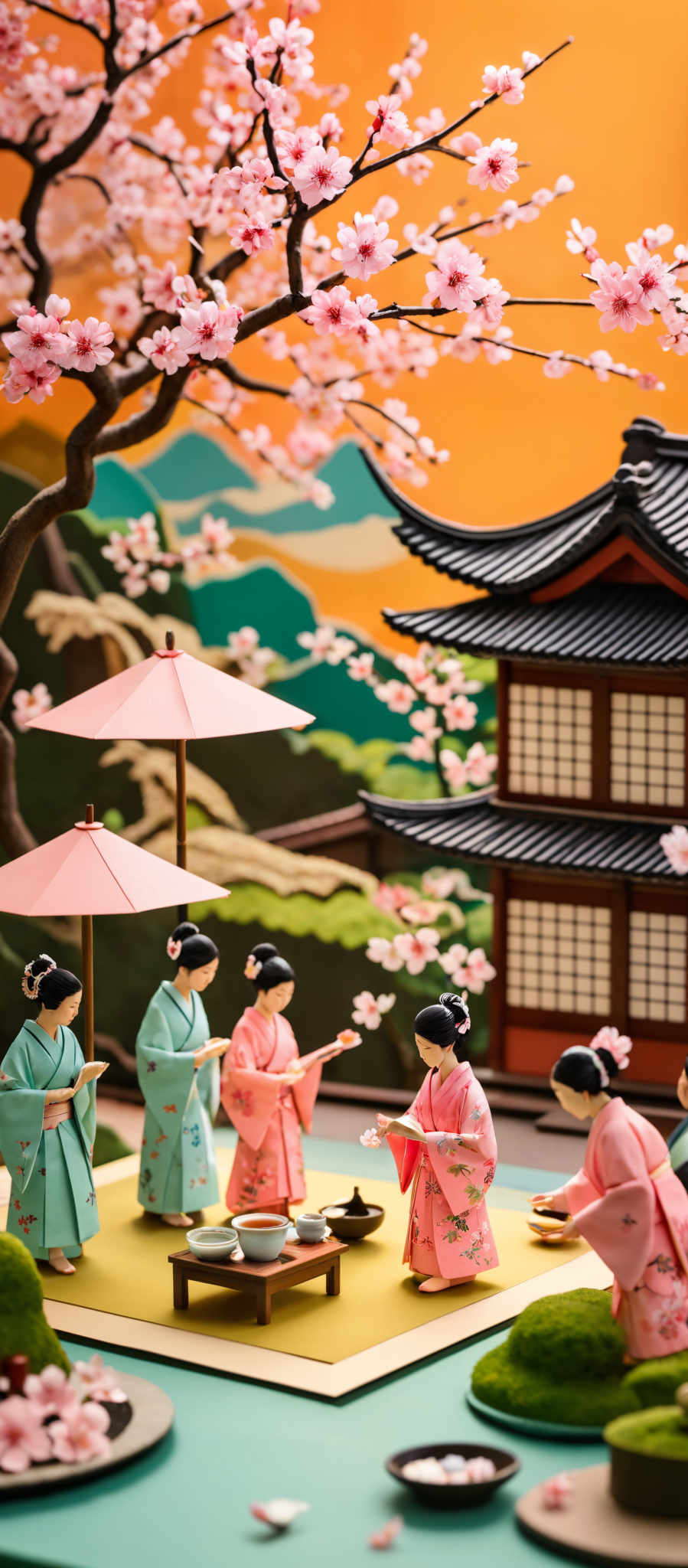 The image showcases a vibrant scene with a backdrop of a traditional Japanese house, mountains, and a radiant orange sky. Dominating the foreground are cherry blossom trees in full bloom, their pink petals contrasting beautifully against the orange backdrop. Below the trees, there are four figures dressed in traditional Japanese kimonos, each holding a small bowl or container. The figures are positioned around a low table, which holds a few more bowls and a teapot. The table is placed on a mossy green platform, and there are scattered cherry petals around. The overall ambiance of the image is serene, evoking a sense of traditional Japanese culture and the beauty of cherry bloom season.