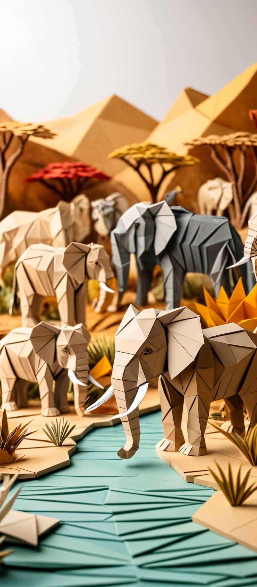 The image showcases a meticulously crafted scene of elephants in a savannah setting. The elephant figures are made of geometric paper, with intricate folding and shading to give them a three-dimensional appearance. They are rendered in shades of beige, gray, and brown. The background consists of flat, colorful paper pieces representing trees, bushes, and mountains. The color palette is warm, with dominant hues of beiges, browns, and yellows, complemented by splashes of red and green from the foliage.