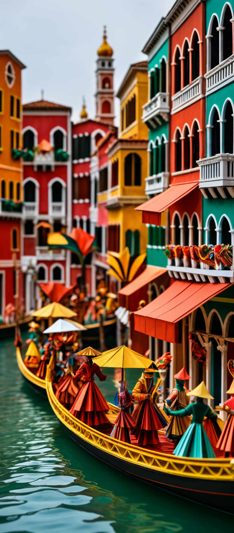 The image showcases a vibrant and colorful representation of Venice, Italy. The buildings are painted in a myriad of colors such as red, yellow, green, and blue. They have distinct architectural features like arched windows, balconies, and ornate details. In the foreground, there are boats with figures dressed in colorful robes and hats, seemingly in a parade or celebration. The water reflects the buildings and the boats, adding to the overall charm of the scene.