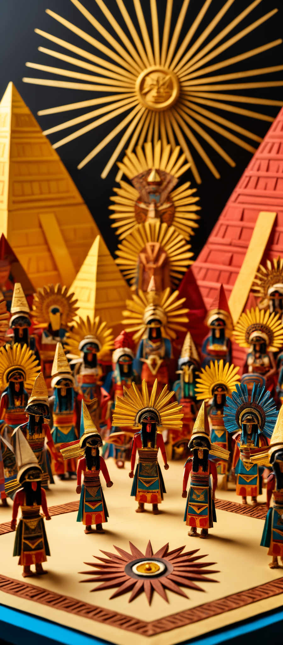 The image showcases a vibrant and detailed scene, predominantly featuring figures resembling Aztec or Mesoamerican deities. These figures are adorned with intricate headdresses, colorful clothing, and accessories. The backdrop consists of pyramids, sun motifs, and other architectural elements. The color palette is rich, with dominant hues of gold, red, blue, and green. The figures are positioned in a manner that suggests a ritual or ceremony, with some holding objects and others in various poses.