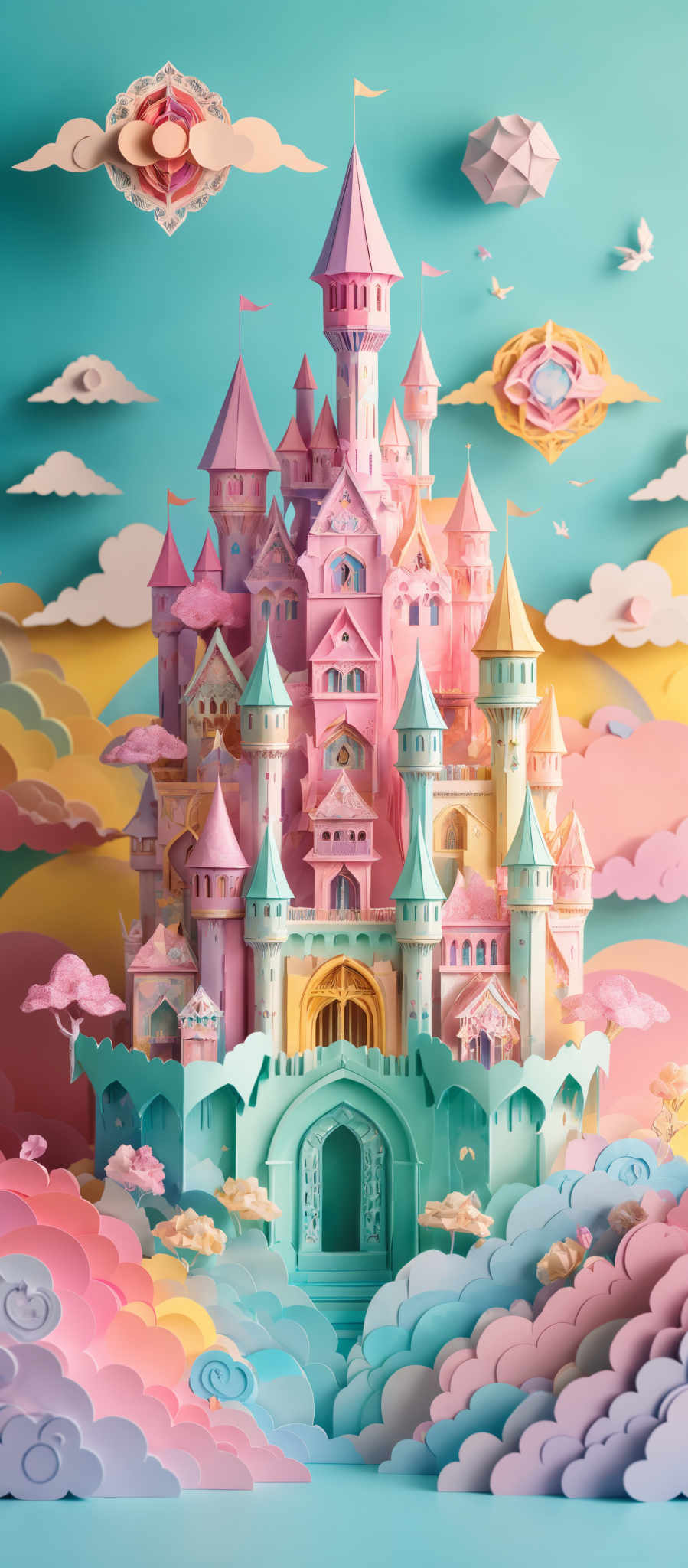 The image showcases a whimsical and colorful scene of a castle surrounded by clouds. The castle is multi-tiered with various towers and spires, each painted in pastel shades of pink, blue, and yellow. The sky is a vibrant shade of turquoise, adorned with floating decorative elements like clouds, a sun, and a moon. The clouds are layered and have a wavy, fluffy appearance. The base of the castle is surrounded by a sea of colorful, wavy clouds in shades like pink and blue. The entire scene exudes a fairy-tale like ambiance.