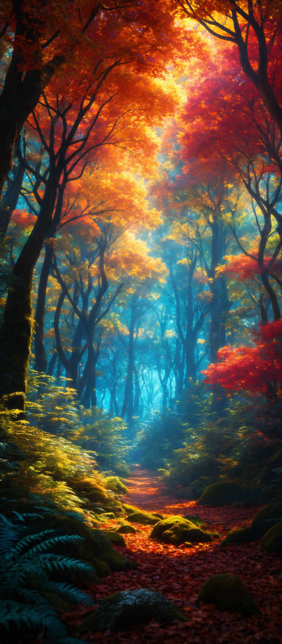 The image showcases a breathtaking forest during autumn. The trees have vibrant red, orange, and yellow leaves, creating a canopy that filters the sunlight. The forest floor is covered with fallen leaves, and there are moss-covered rocks scattered around. The sunlight pierces through the trees, casting a soft glow and creating a play of shadows and light. The overall ambiance is serene and magical.