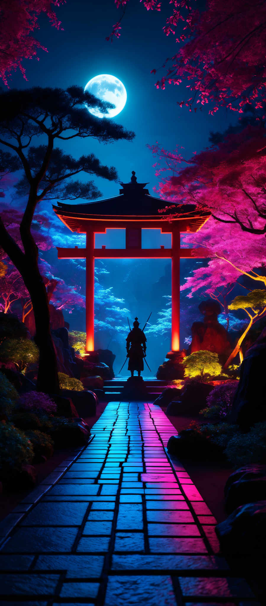 The image showcases a vibrant and colorful night scene. Dominating the top half is a bright full moon, casting a soft glow on the surroundings. The sky is painted in shades of deep blue, interspersed with bright pink and purple hues, possibly representing cherry blossoms or some other type of tree. In the center, there's a traditional Japanese torii gate, illuminated in a warm orange-red glow. This gate is surrounded by lush greenery, including trees and shrubs. In front of the gate, a silhouette of a warrior, possibly a samurai, stands poised, holding a sword. The ground is made up of a well-lit stone pathway, leading the viewer's eye towards the gate. The entire scene exudes a sense of tranquility, mystery,