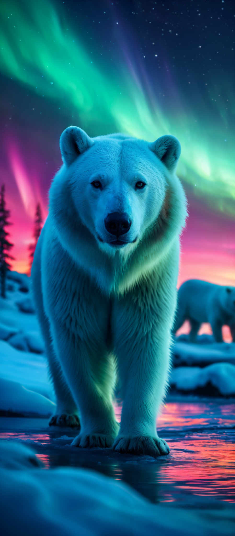 The image showcases a polar bear in the foreground, standing on a frozen surface with its reflection visible in the water below. The bear is predominantly white, with a hint of blue on its snout. Behind the bear, there's a vibrant display of the Northern Lights, or Aurora Borealis, in shades of green and pink, illuminating the night sky. The horizon reveals a beautiful sunset with hues of orange and pinks, contrasting with the cool colors of the aurora. In the distance, another polar bear can be seen walking.