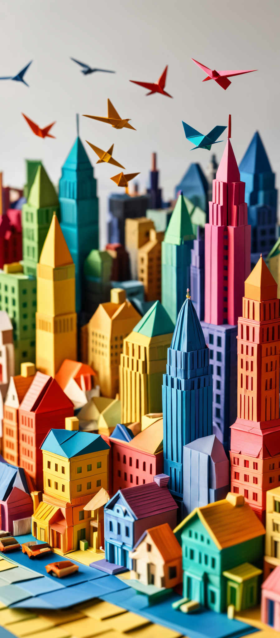 The image showcases a vibrant and colorful cityscape made of paper. The buildings are intricately designed with various shapes, including skyscrapers, houses, and other architectural structures. They are painted in a myriad of colors such as blue, green, yellow, pink, and orange. Above the city, there are paper birds in flight, adding to the whimsical atmosphere. The entire scene is set against a light gray background, making the colors pop even more.