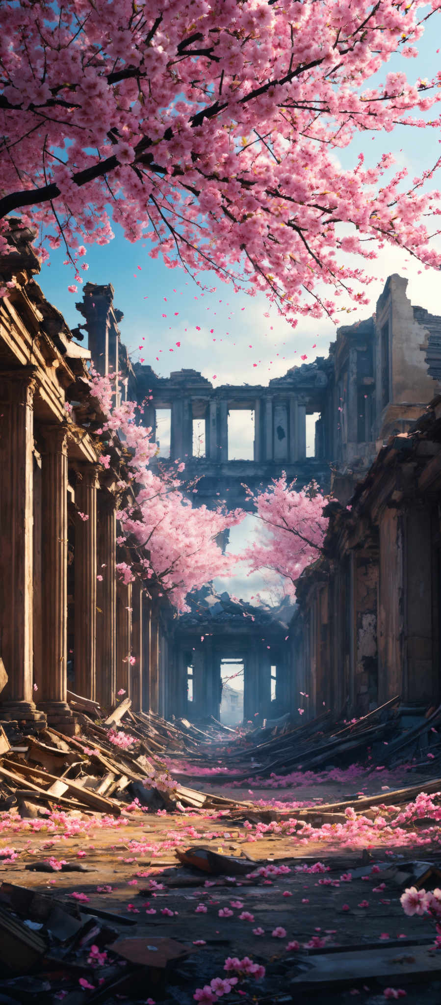 The image showcases a picturesque scene of a dilapidated building with classical architectural features, such as columns and arches. The building appears to be in a state of disrepair with broken walls, debris scattered around, and missing roofs. Amidst this ruin, there's a vibrant display of cherry blossom trees in full bloom. Their pink petals are scattered on the ground and are gently falling, creating a serene atmosphere. The sky is clear with a hint of blue, suggesting a bright and sunny day.