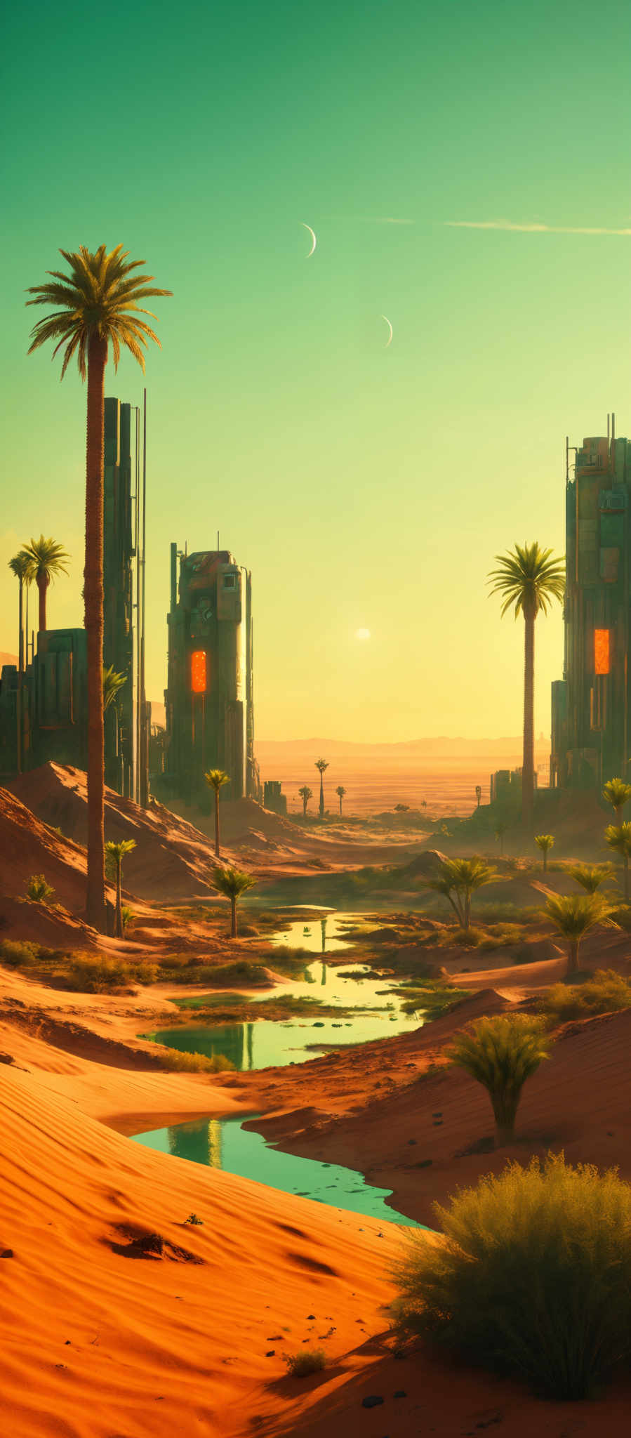 The image showcases a vibrant and colorful desert landscape during what appears to be sunset or sunrise. The sky is painted in shades of blue and turquoise, with two celestial bodies, possibly moons, visible. The ground is covered in sand dunes with patches of green vegetation, including palm trees. There are also some modern-looking buildings or structures in the distance, contrasting the natural setting. The water bodies in the foreground reflect the colors of the sky and surroundings, adding depth to the scene.