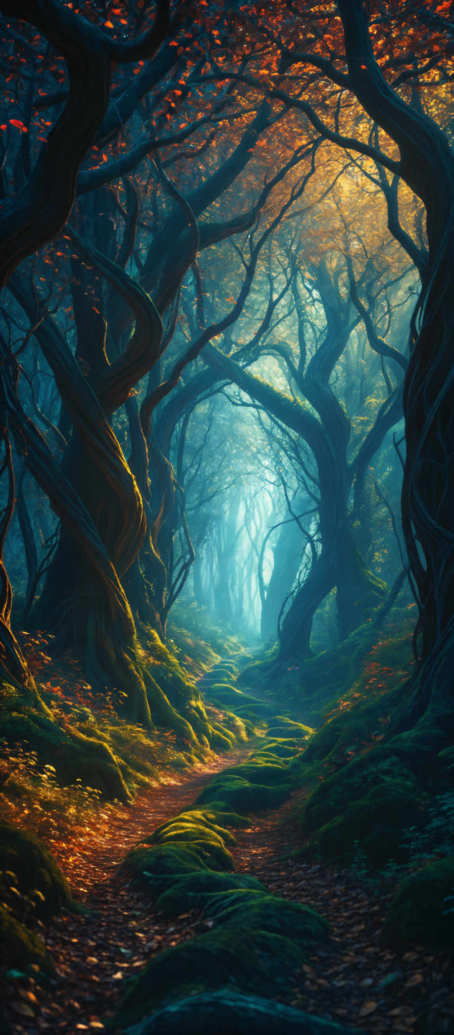 The image showcases a mystical forest with twisted, gnarled trees. The trees have a dark, almost black hue with intricate, intertwining branches. The leaves on the trees are a vibrant shade of orange, suggesting an autumn setting. The ground is covered with moss-covered stones and fallen leaves, creating a pathway that leads deeper into the forest. The atmosphere is filled with a soft, ethereal light, casting a golden glow on the scene and creating a sense of wonder and enchantment.