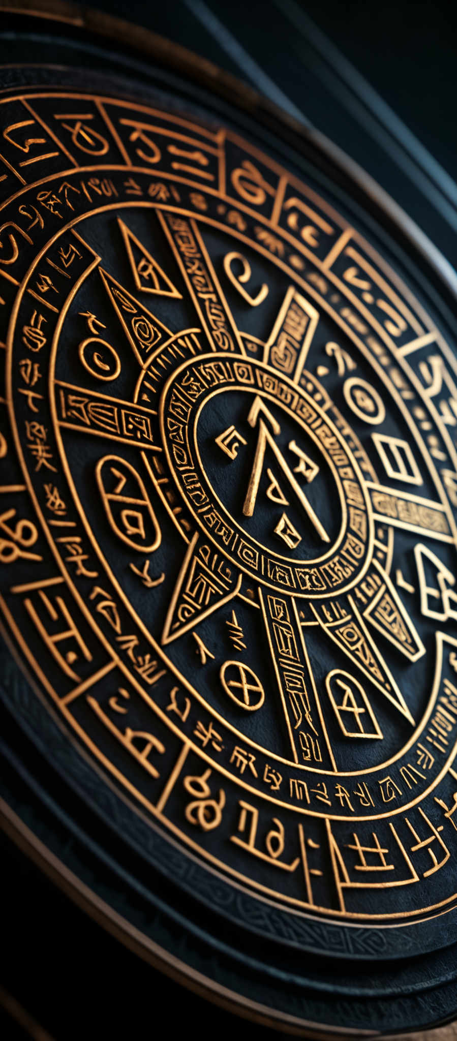 The image showcases a circular object with intricate designs. The dominant color is a deep, rich gold against a dark background. The circle is divided into multiple segments, each containing various symbols and runes. The symbols are ornate and appear to be of ancient or mystical significance. The overall design gives off an aura of mysticism and ancient knowledge.