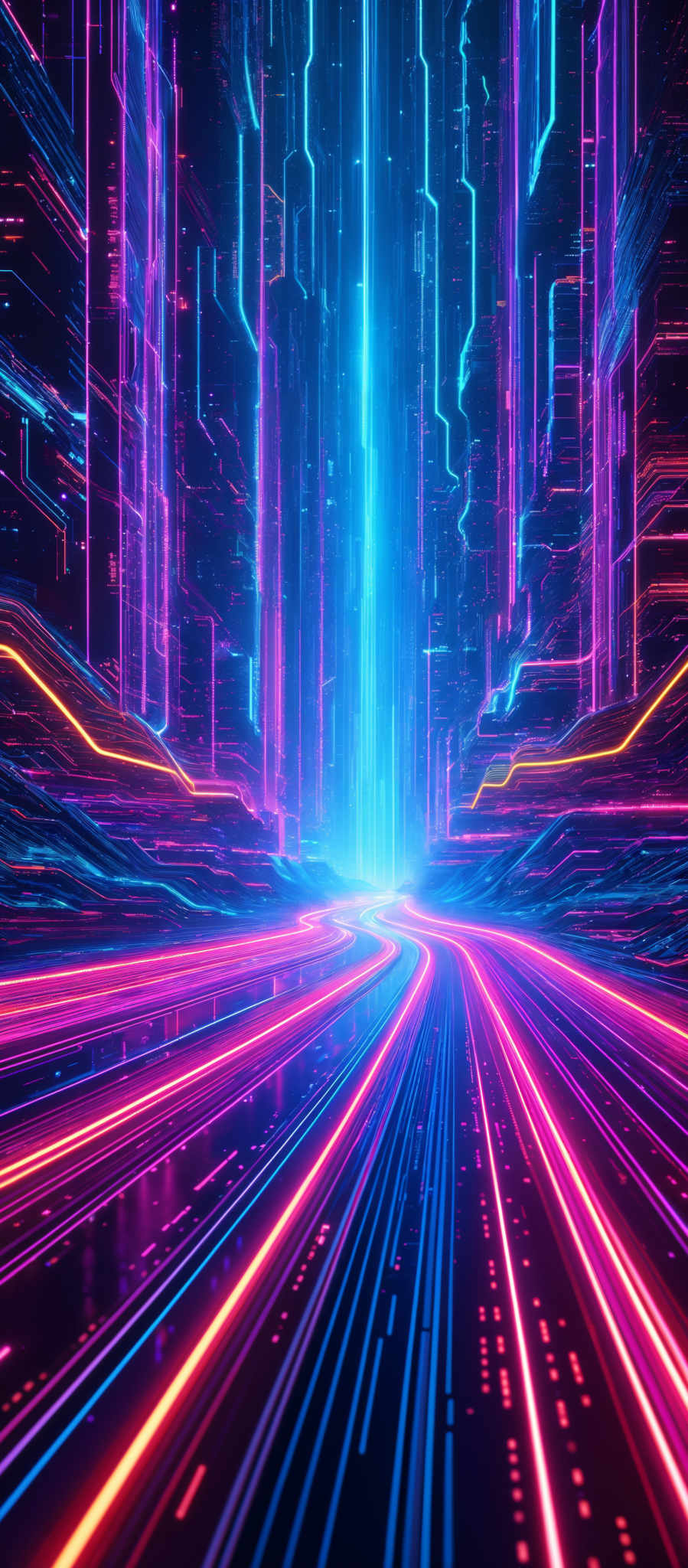 The image showcases a vibrant and futuristic digital landscape. Dominated by hues of blue, purple, and pink, the scene is characterized by towering, neon-lit structures that appear to be made of a crystalline or metallic material. These structures have intricate patterns and designs, giving them an almost organic feel. The ground is adorned with a series of curved, bright lines that resemble highways or pathways, leading the viewer's eye towards a bright, central light source. The entire scene exudes a sense of speed, technology, and advanced urban development.