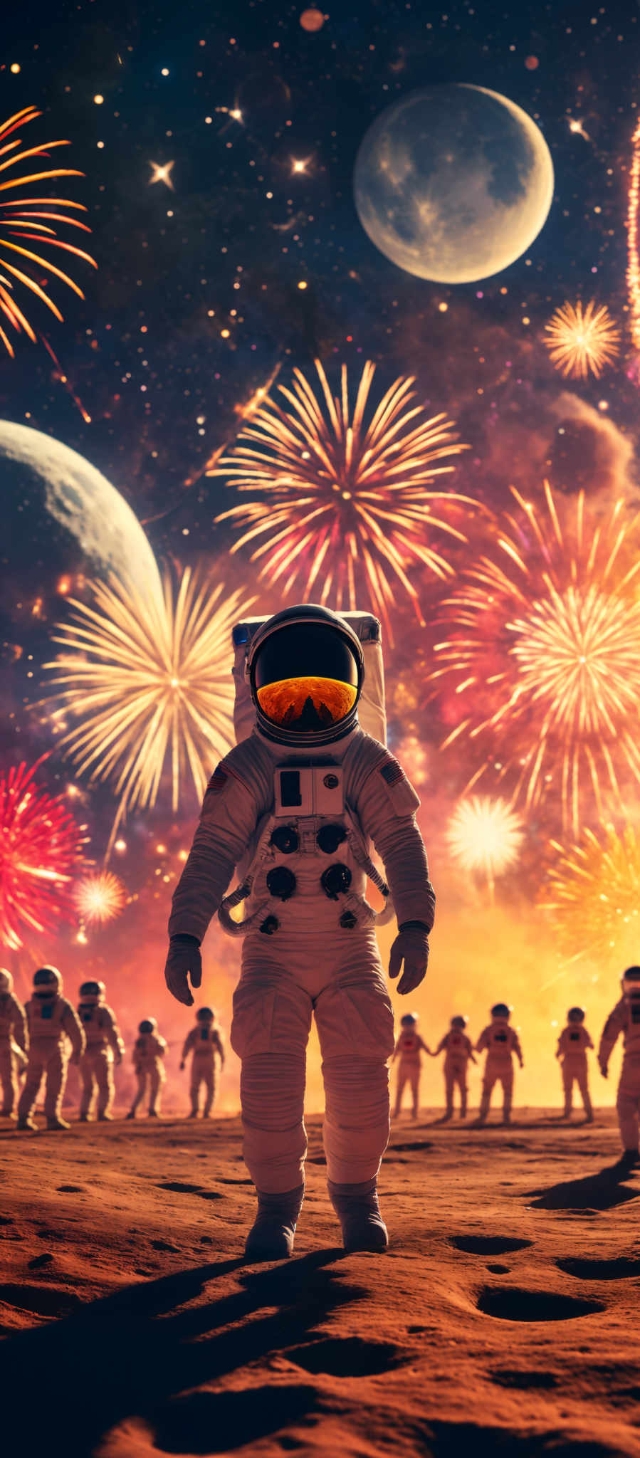 The image showcases a vibrant display of fireworks in the sky, illuminating the scene with a myriad of colors such as red, blue, and gold. The fireworks are in the shape of bursting stars and explosions. In the foreground, there is an astronaut standing on what appears to be a barren, rocky terrain. The astronaut is wearing a spacesuit with a reflective visor that displays a golden hue. The visor seems to capture the reflection of the fireworks. In addition to the main astronaut, there are multiple smaller figures in the background, also in spacesuits, standing on the same terrain.